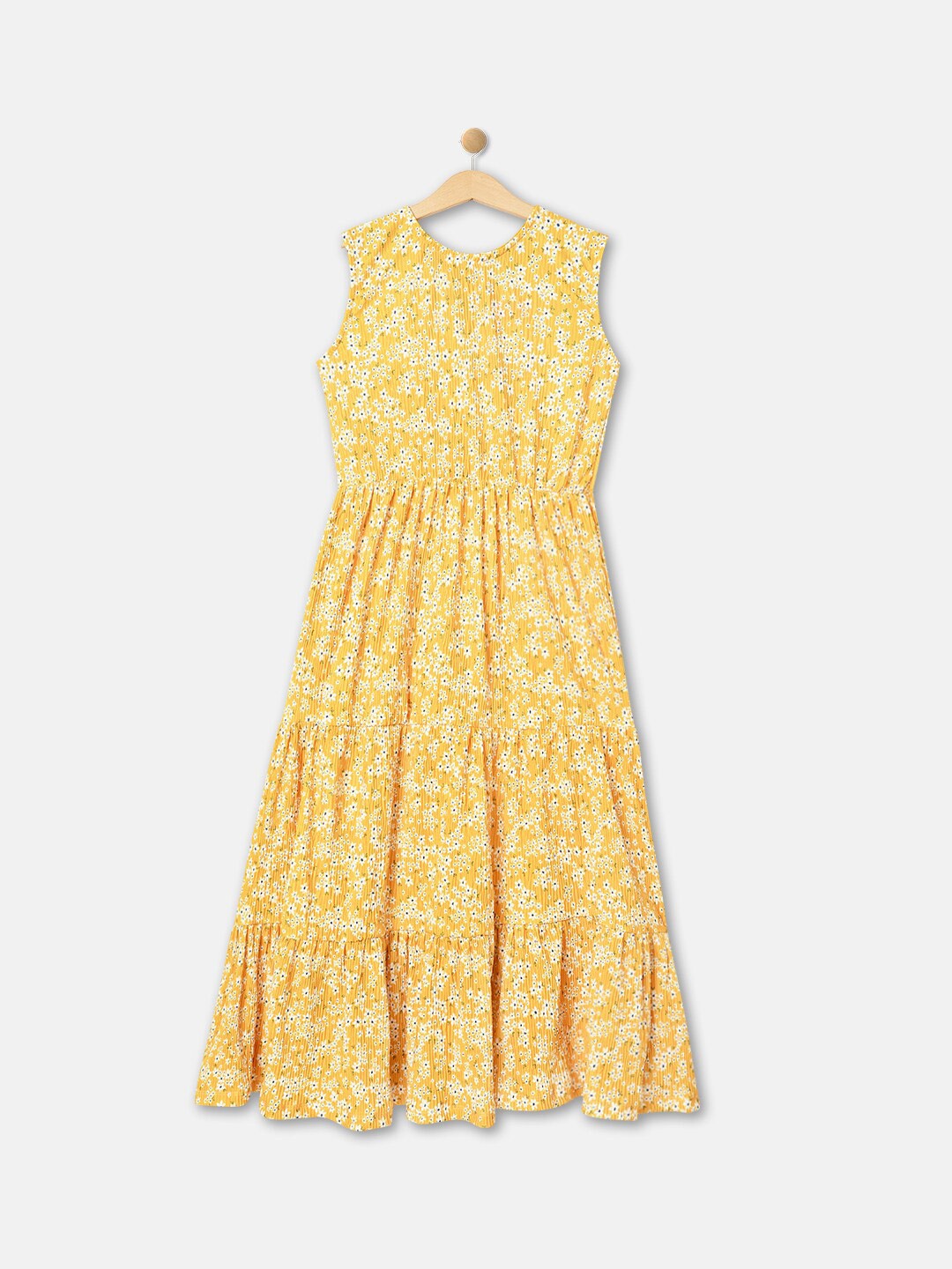 

R&B Girls Floral Printed Cotton Cut-Outs Sleeveless Maxi A-Line Dress, Yellow