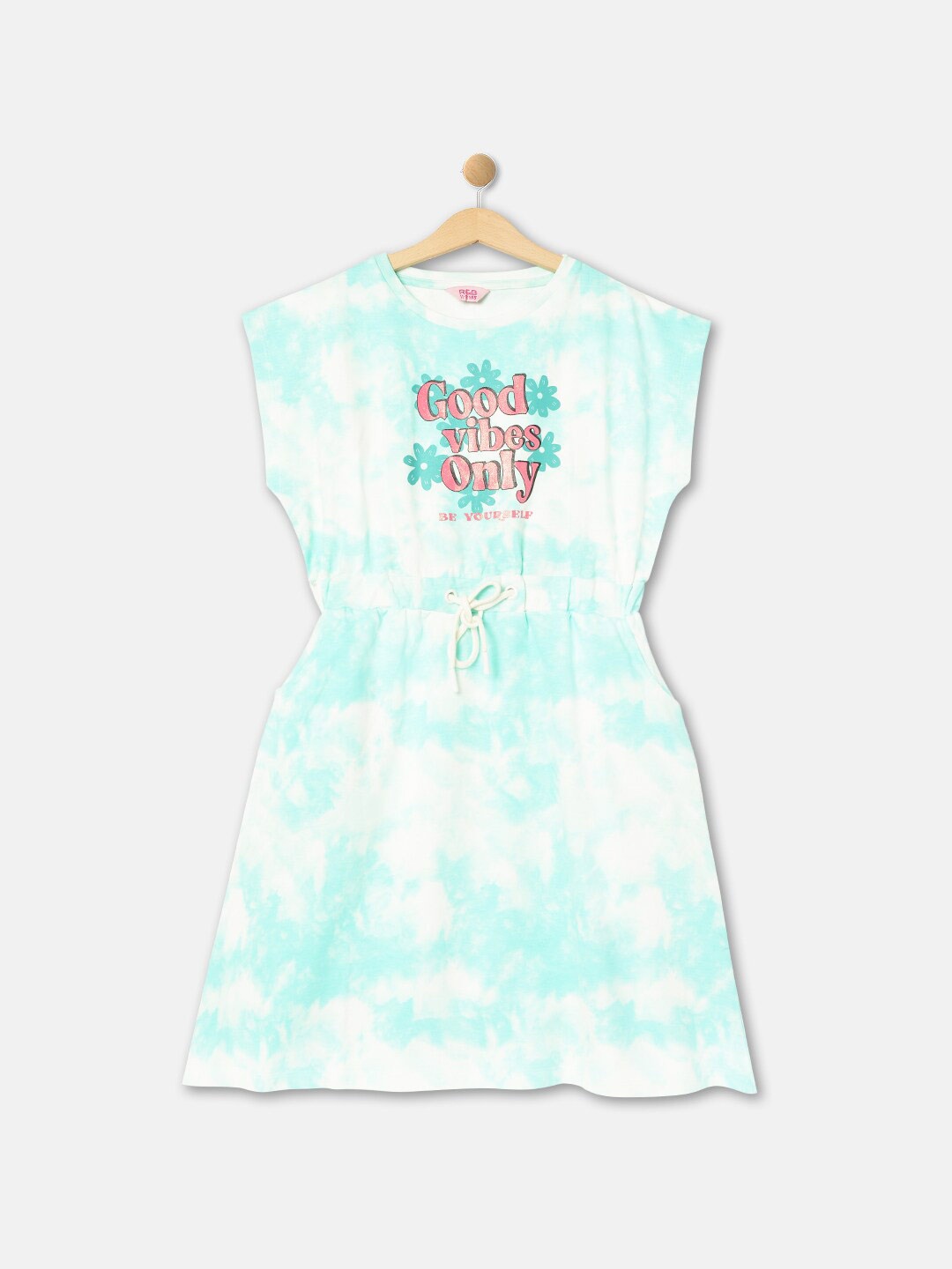 

R&B Girls Tie and Dye Printed Cotton Extended Sleeves A-Line Dress, Turquoise blue