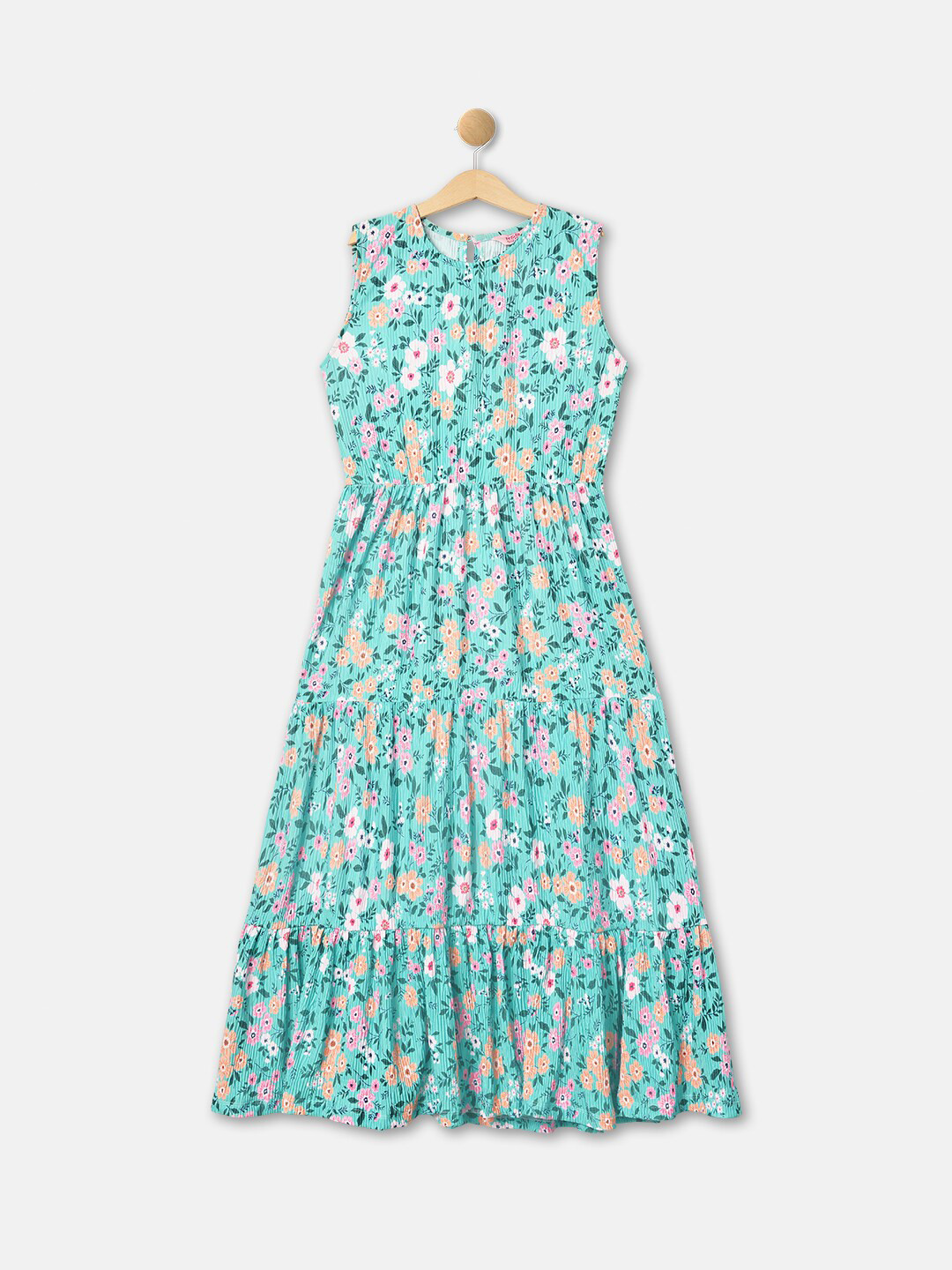 

R&B Girls Floral Printed Cotton Cut-Outs Sleeveless Maxi A-Line Dress, Turquoise blue