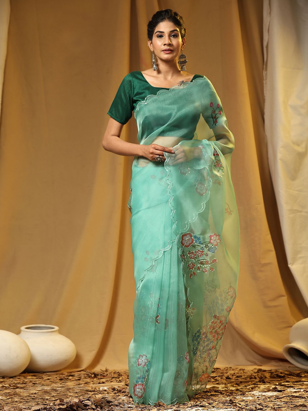 

Vastrasky Global Floral Sequinned Organza Saree, Teal