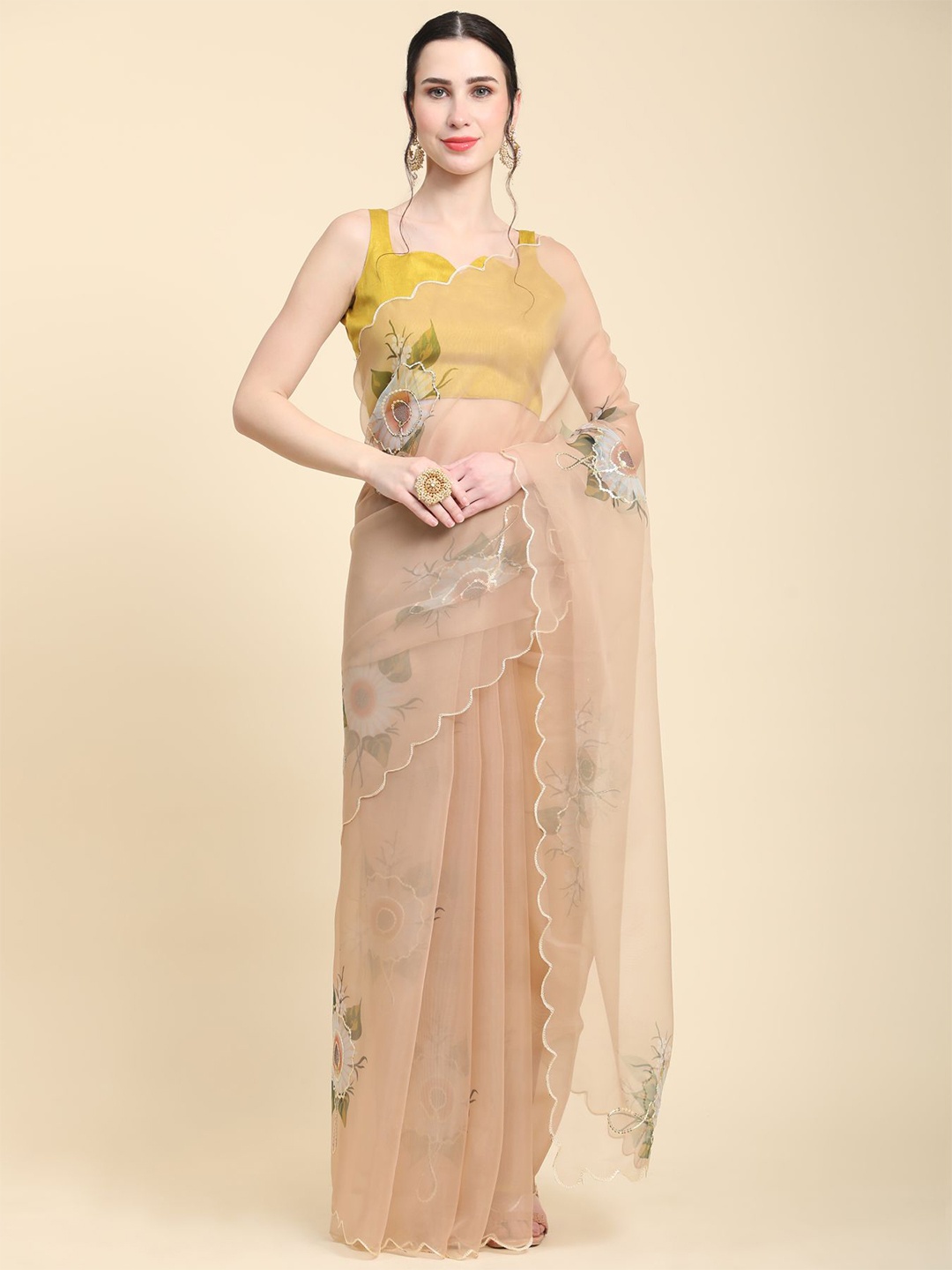 

Vastrasky Floral Printed Embroidered Organza Saree, Nude