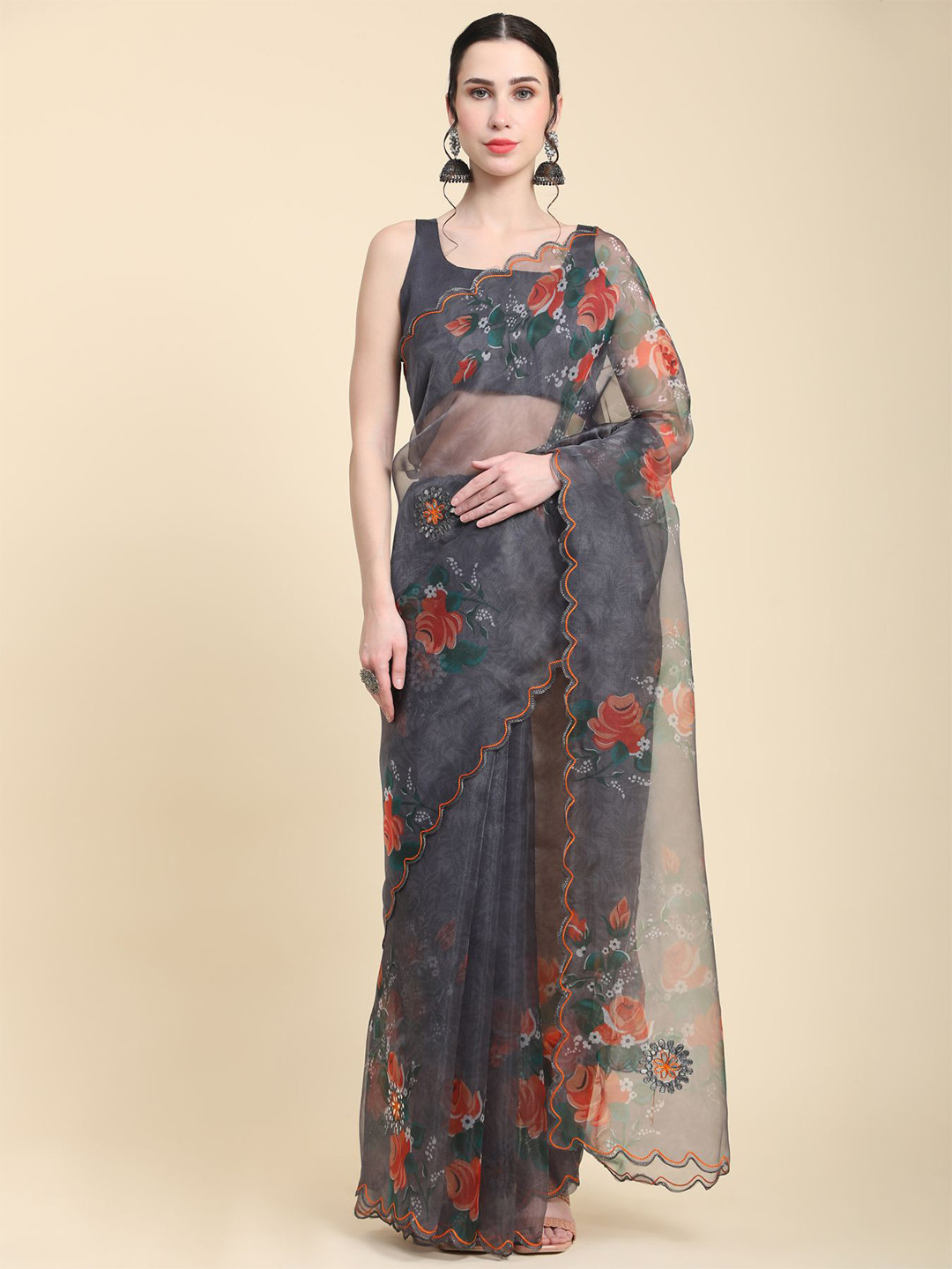 

Vastrasky Global Floral Printed Embroidered Organza Saree, Grey