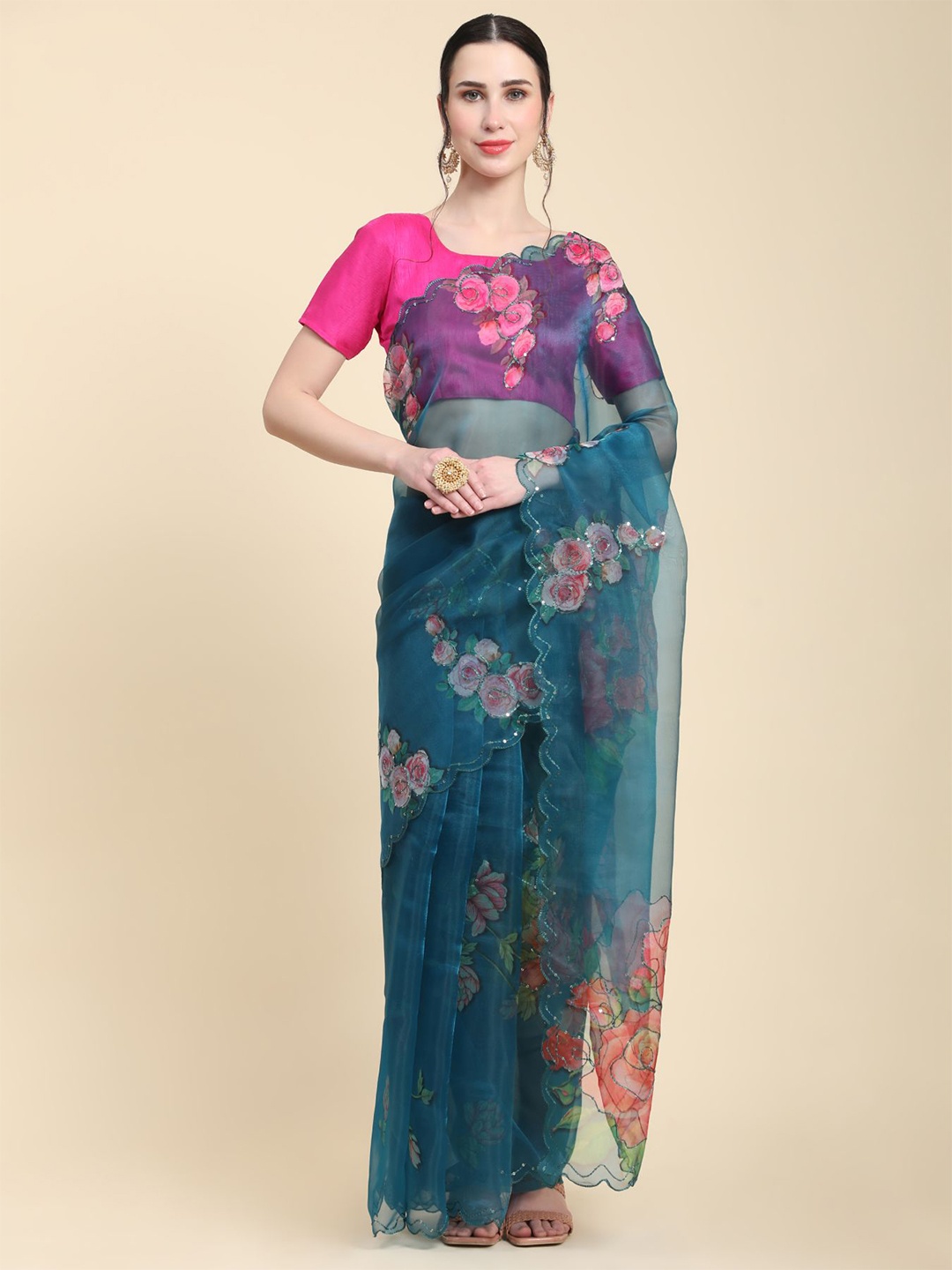 

Vastrasky Global Floral Printed Embroidered Organza Saree, Teal