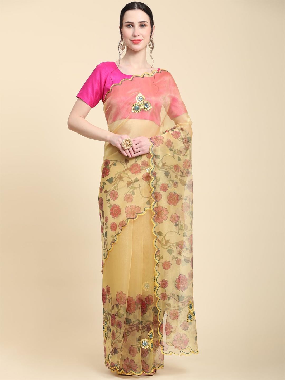 

Vastrasky Floral Organza Saree, Yellow