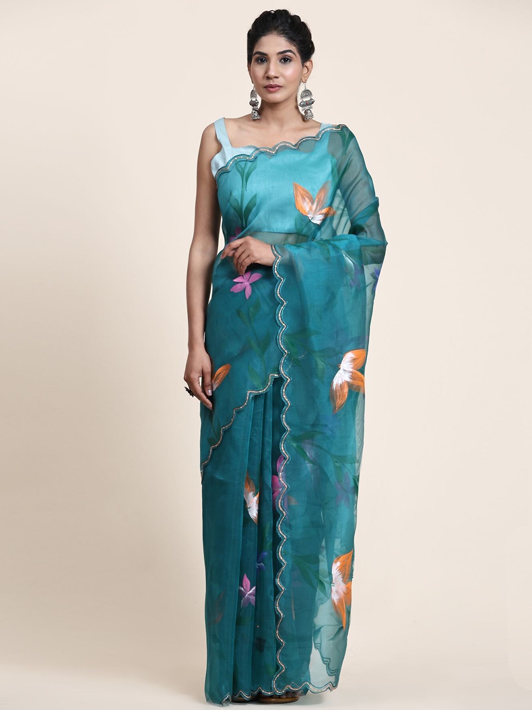 

Vastrasky Global Floral Printed Sequinned Organza Saree, Blue
