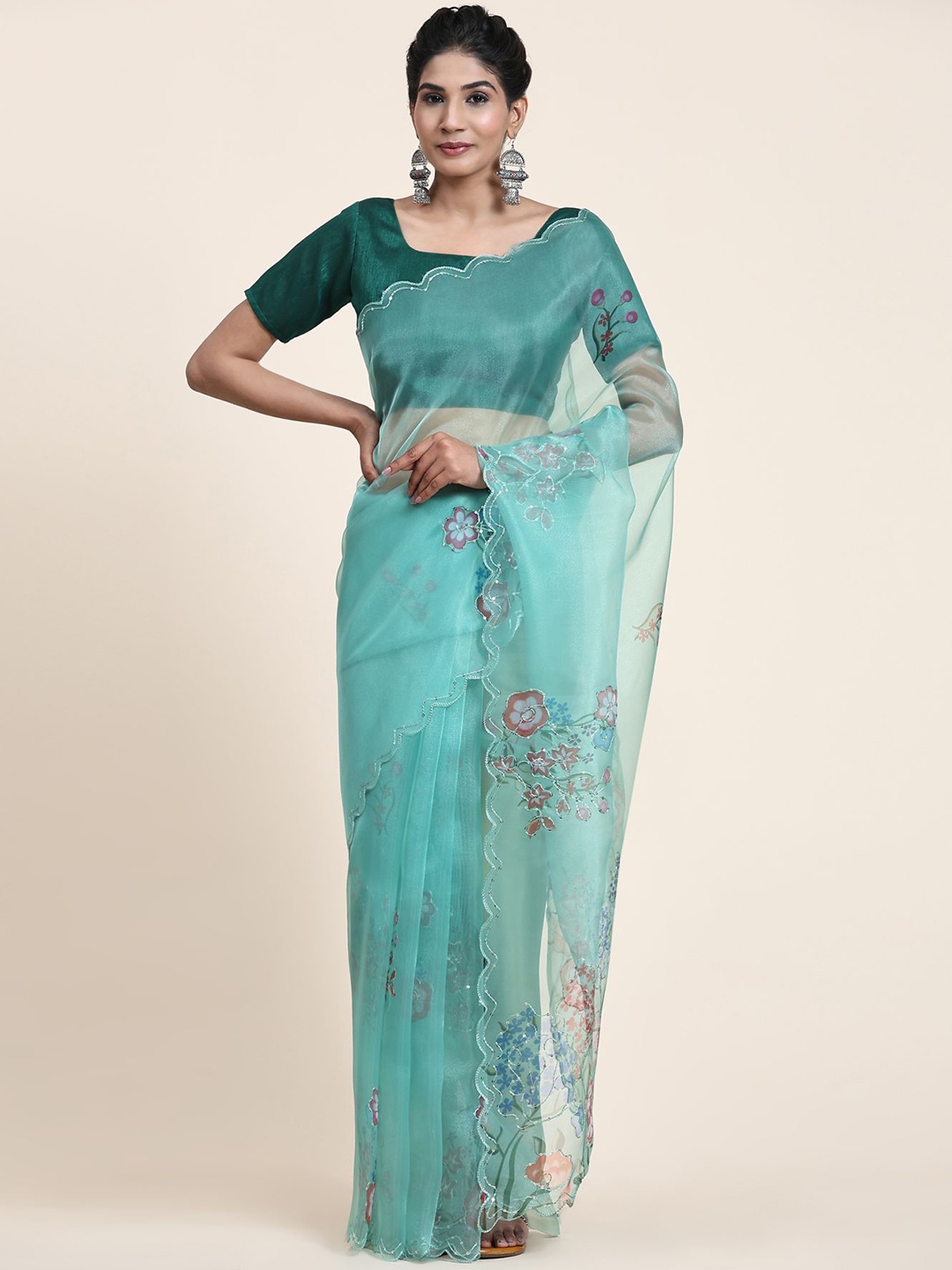 

Vastrasky Global Floral Printed Embroidered Organza Saree, Teal