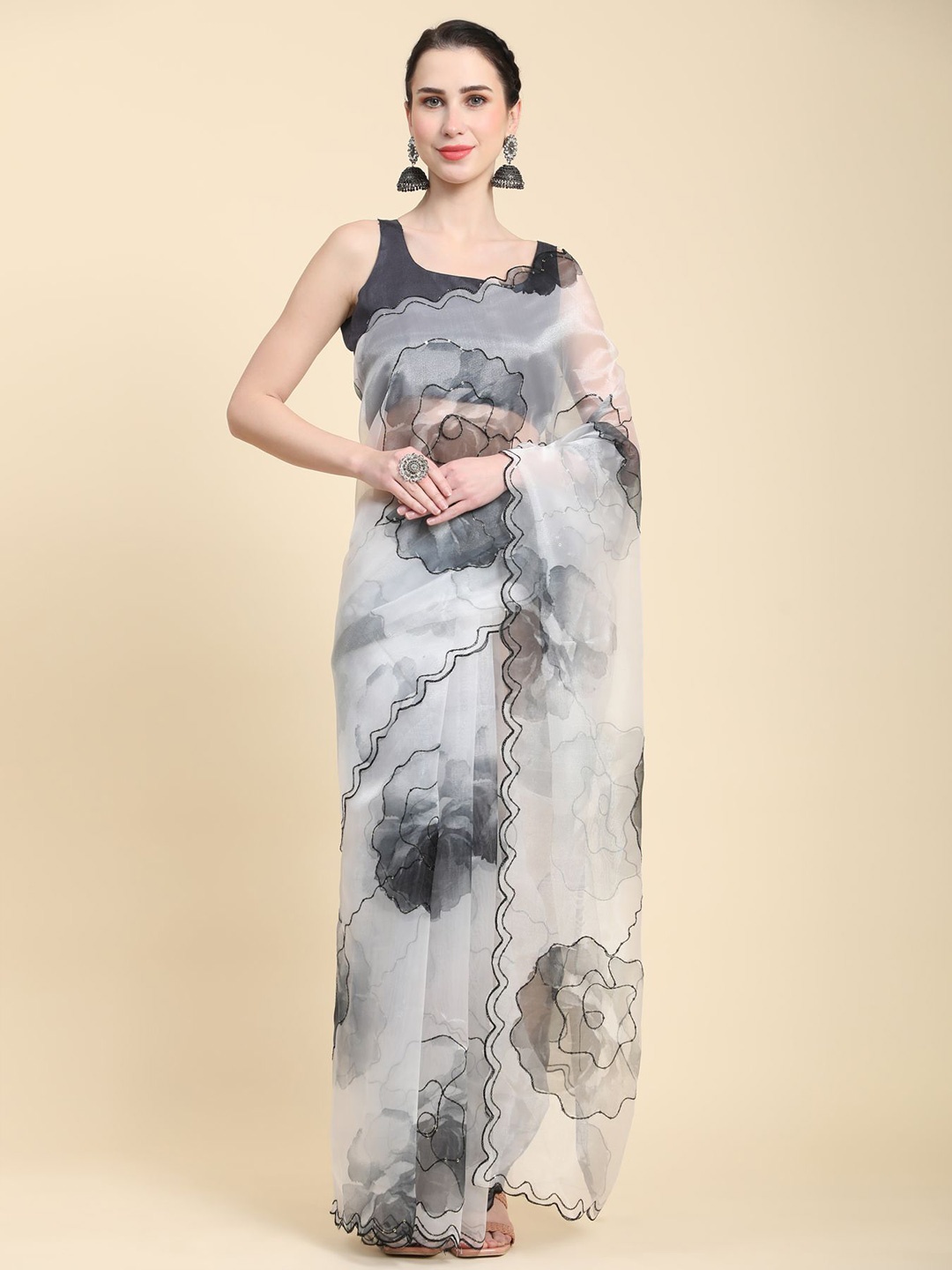 

Vastrasky Global Floral Printed Embroidered Organza Saree, White