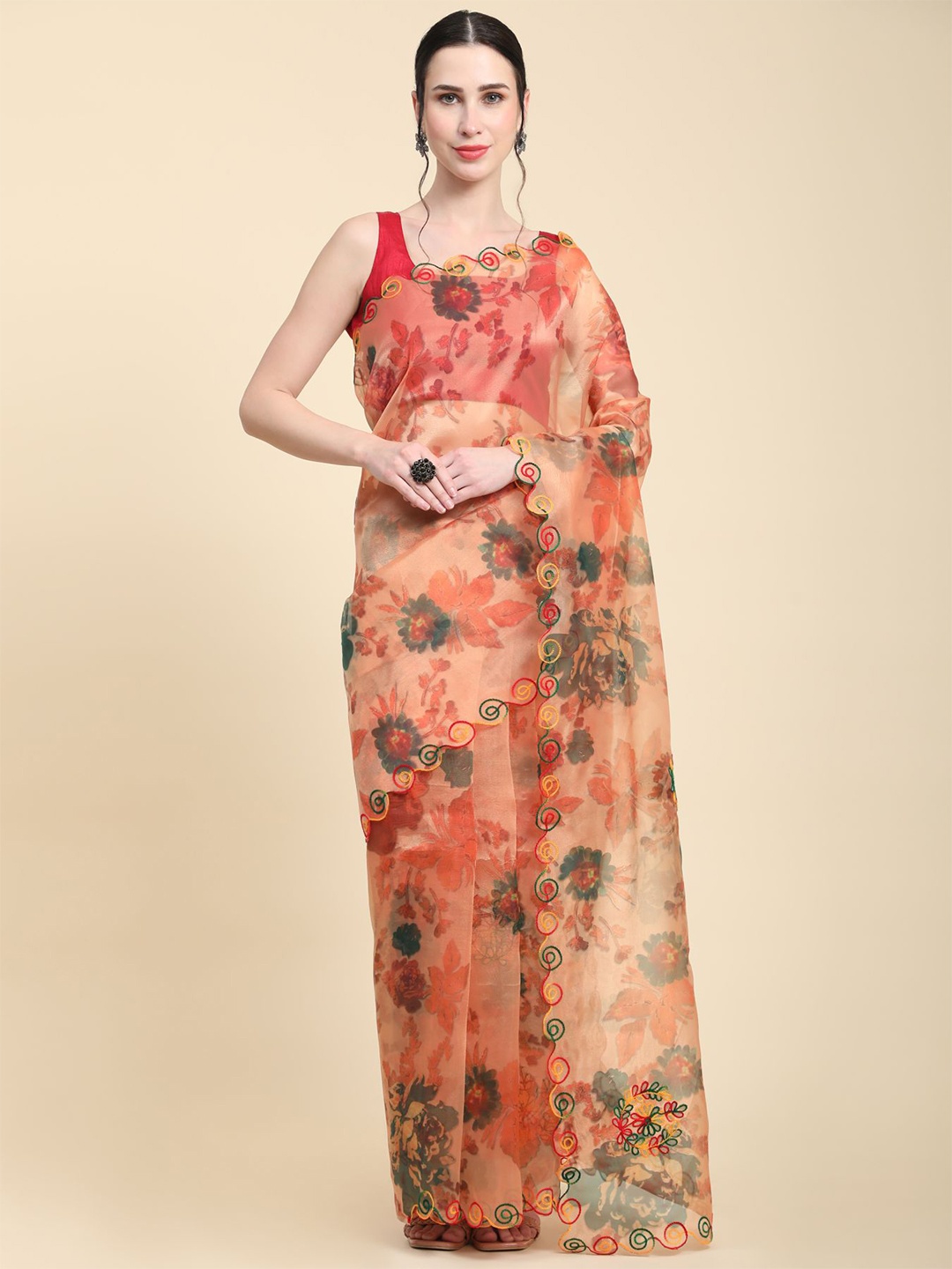 

Vastrasky Global Floral Printed Embroidered Organza Saree, Orange