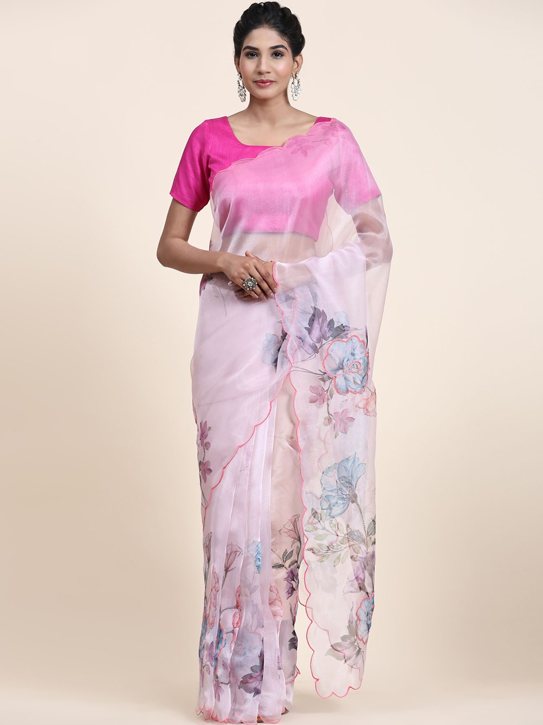 

Vastrasky Global Floral Embroidered Organza Saree, White