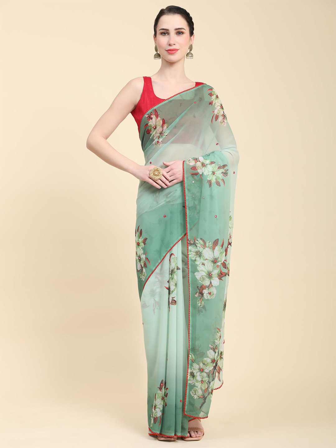 

Vastrasky Global Floral Mirror Work Pure Georgette Saree, Green