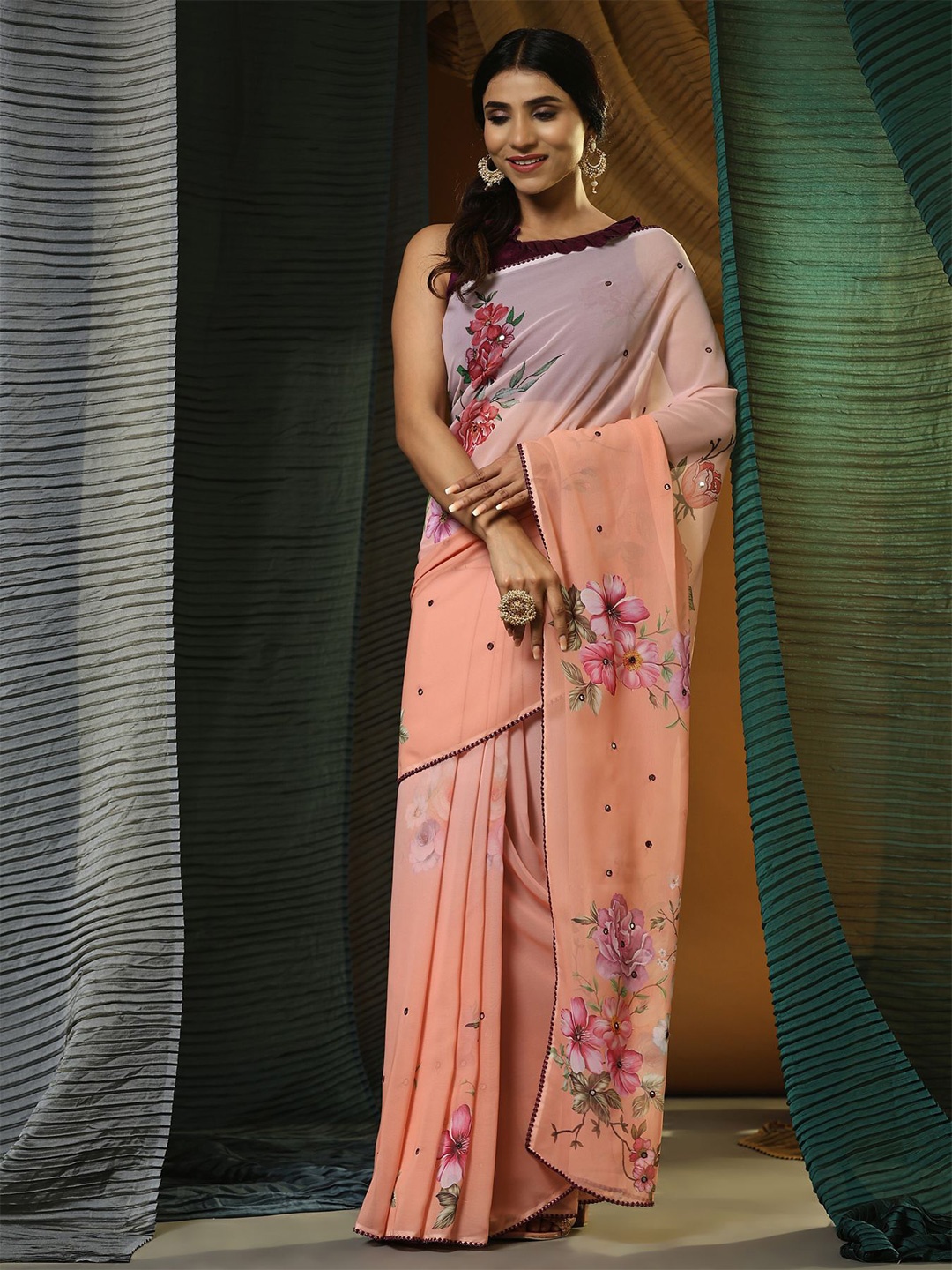 

Vastrasky Floral Mirror Work Pure Georgette Saree, Orange