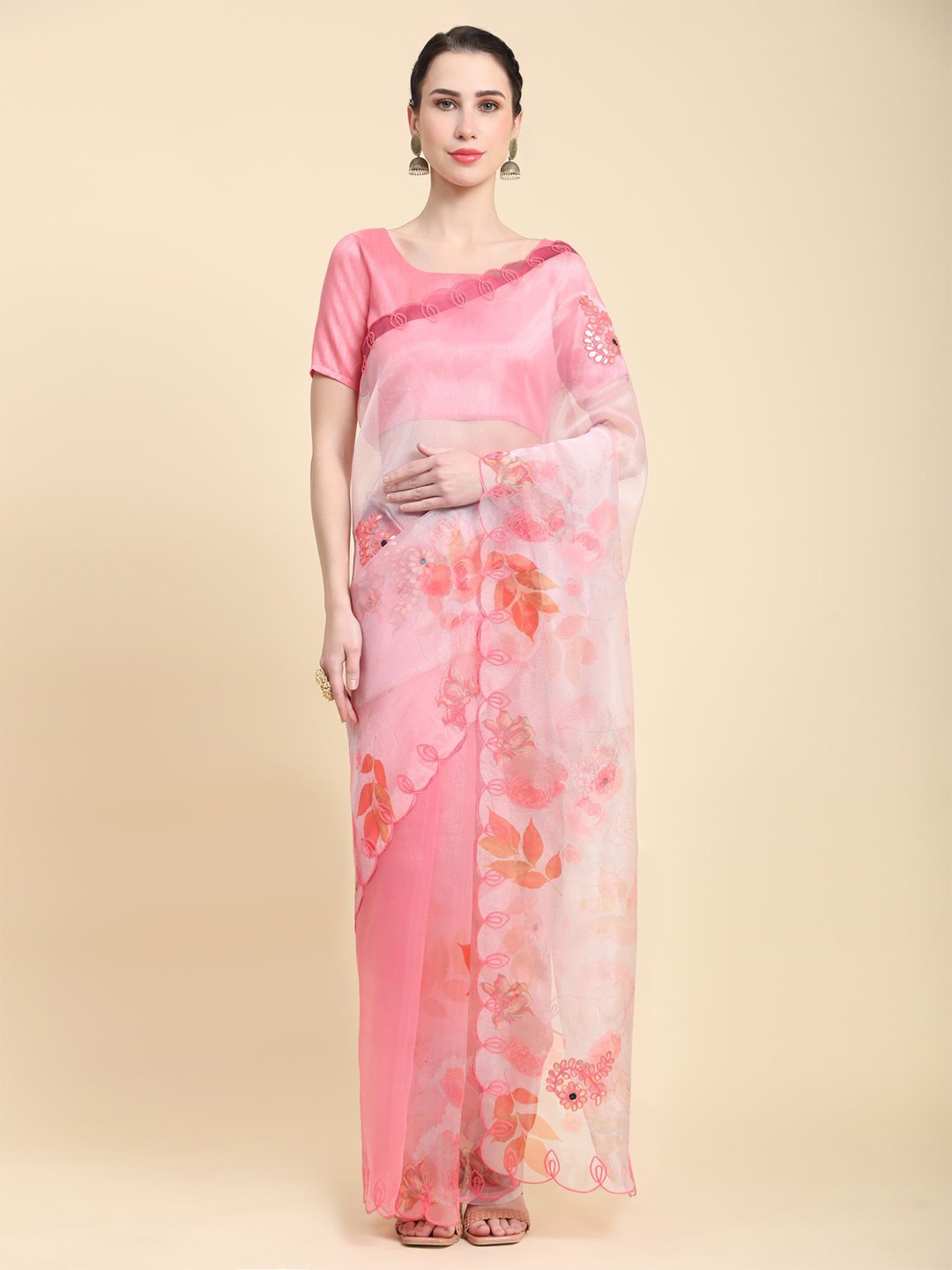 

Vastrasky Global Floral Embroidered Organza Saree, Pink