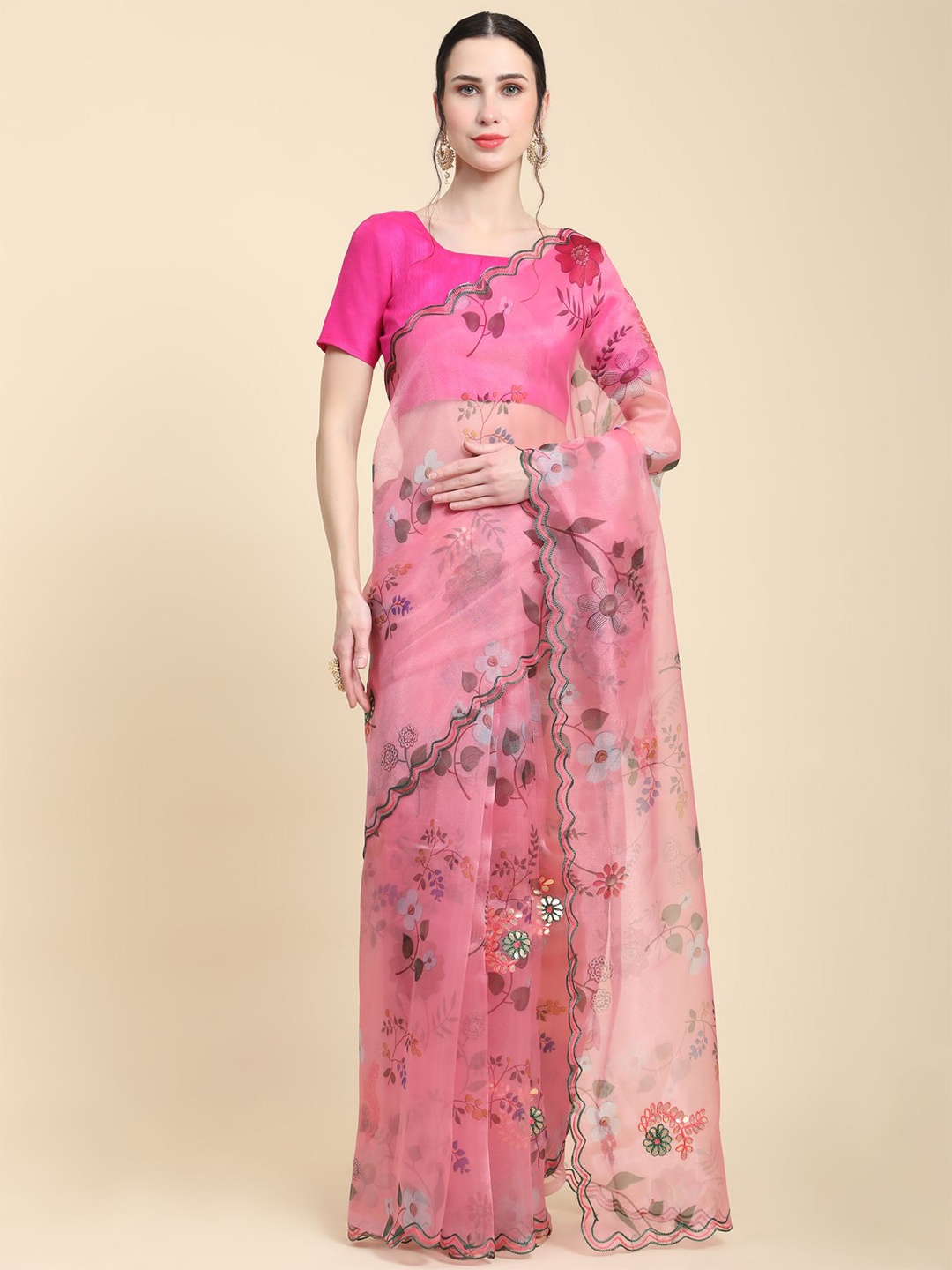 

Vastrasky Global Floral Printed Embroidered Organza Saree, Pink