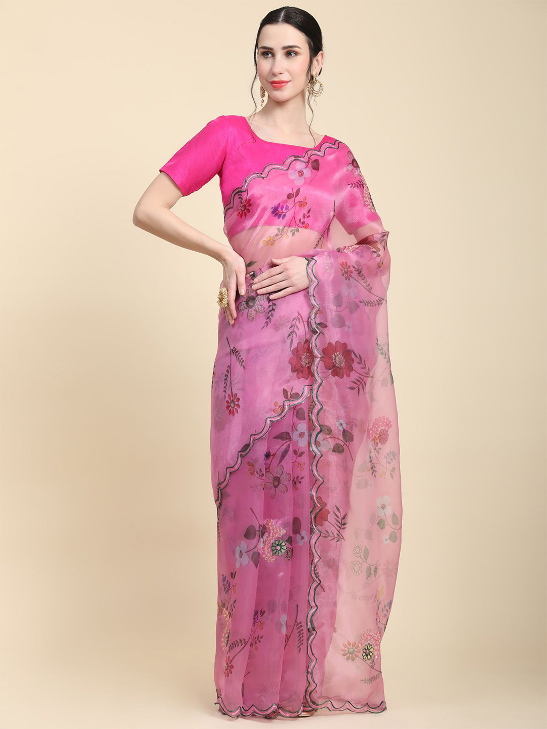 

Vastrasky Global Floral Embroidered Organza Saree, Pink