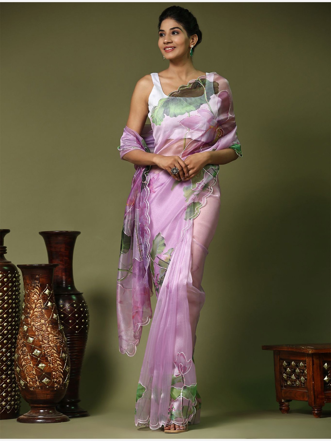 

Vastrasky Global Floral Printed Embroidered Organza Saree, Lavender