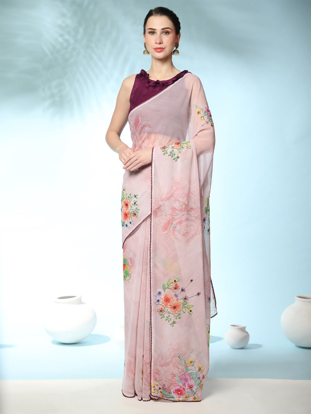 

Vastrasky Global Floral Patchwork Pure Georgette Saree, Pink