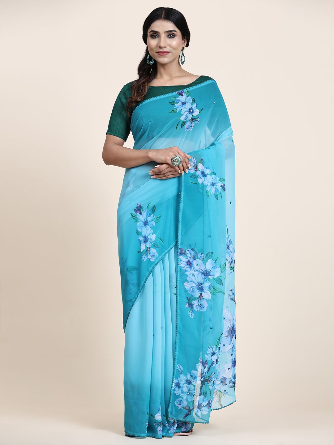 

Vastrasky Global Floral Printed Mirror Work Pure Georgette Saree, Blue