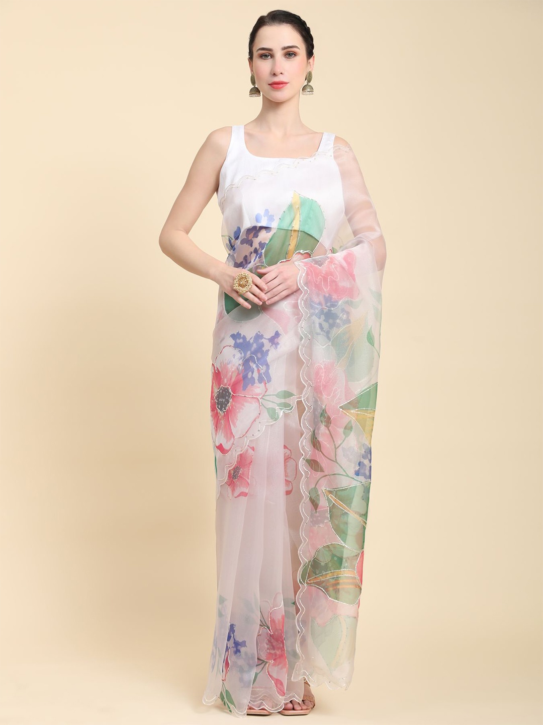 

Vastrasky Global Floral Printed Embroidered Organza Saree, White