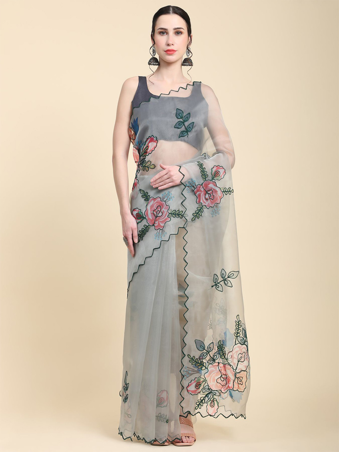 

Vastrasky Global Floral Printed Embroidered Organza Saree, Beige