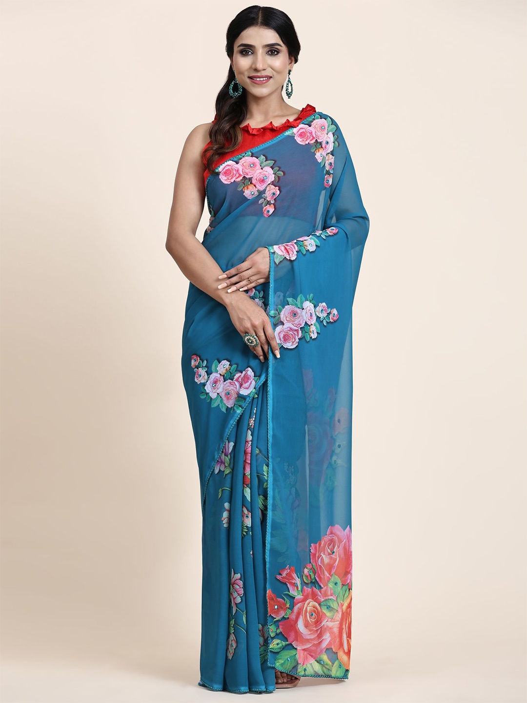 

Vastrasky Global Floral Printed Embroidered Mirror Work Pure Georgette Saree, Blue