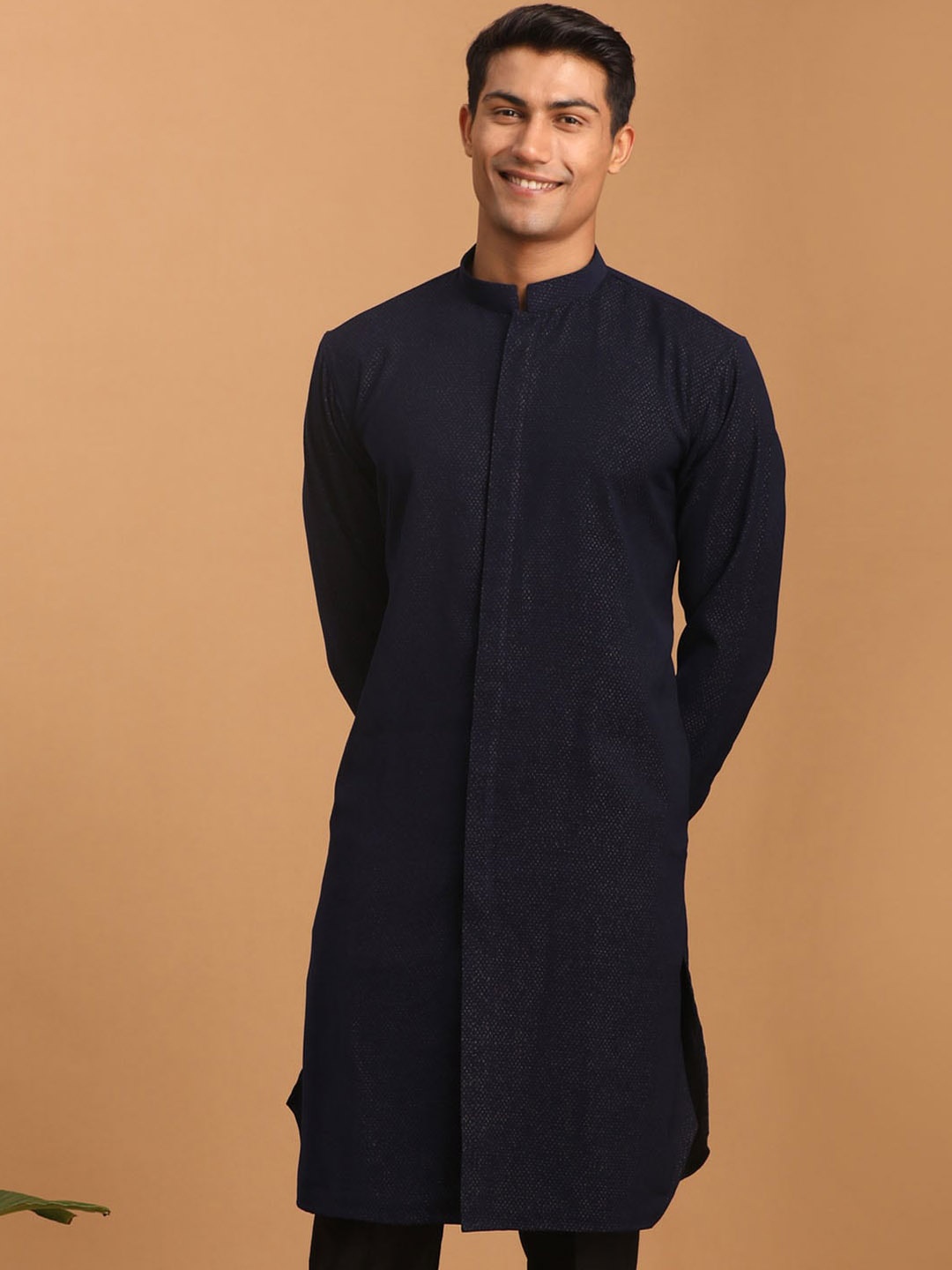 

SHRESTHA BY VASTRAMAY Woven Design Mandarin Collar Kurta, Navy blue