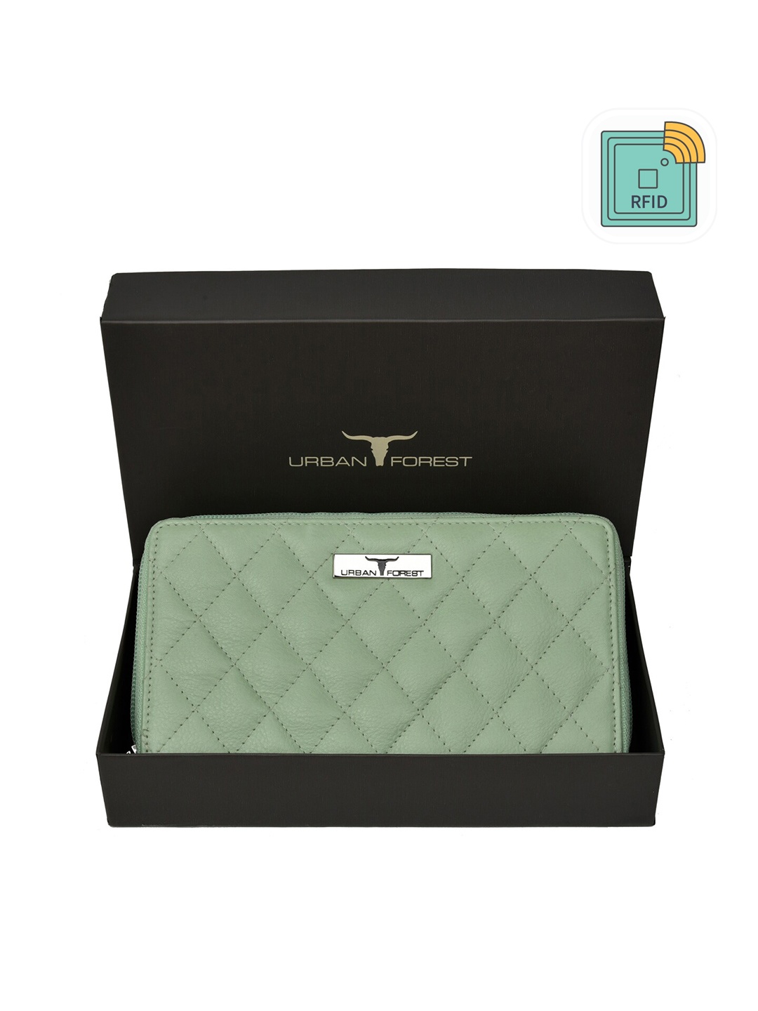 

URBAN FOREST Women Geometric Textured Leather Zip Around Wallet, Green