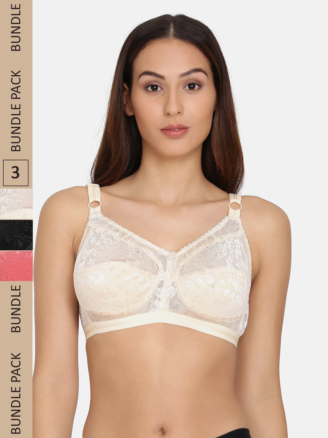 

Da Intimo Pack of 3 Lace Floral Bra Full Coverage Minimizer Bra, Beige