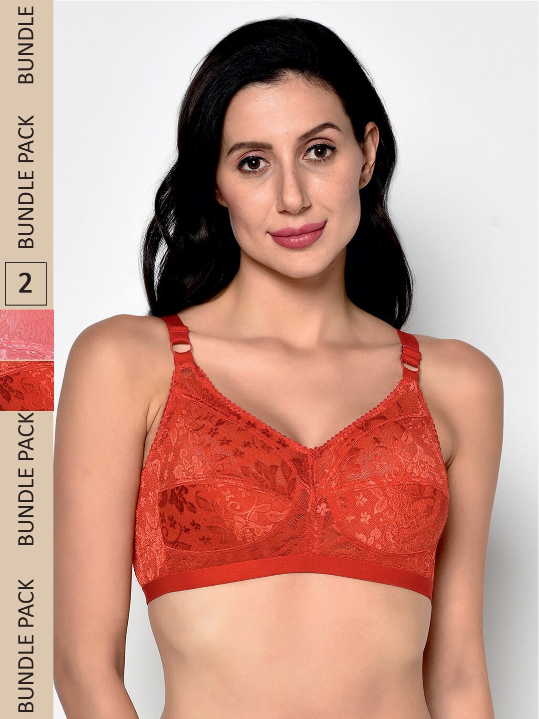 

Da Intimo Pack Of 2 Non-Padded Non-Wired All Day Comfort Floral Lace Minimizer Bra, Orange