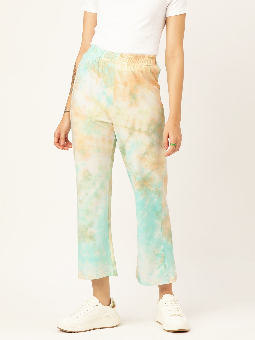 

DressBerry Tie & Dye Printed High-Rise Easy Wash Trousers, Green