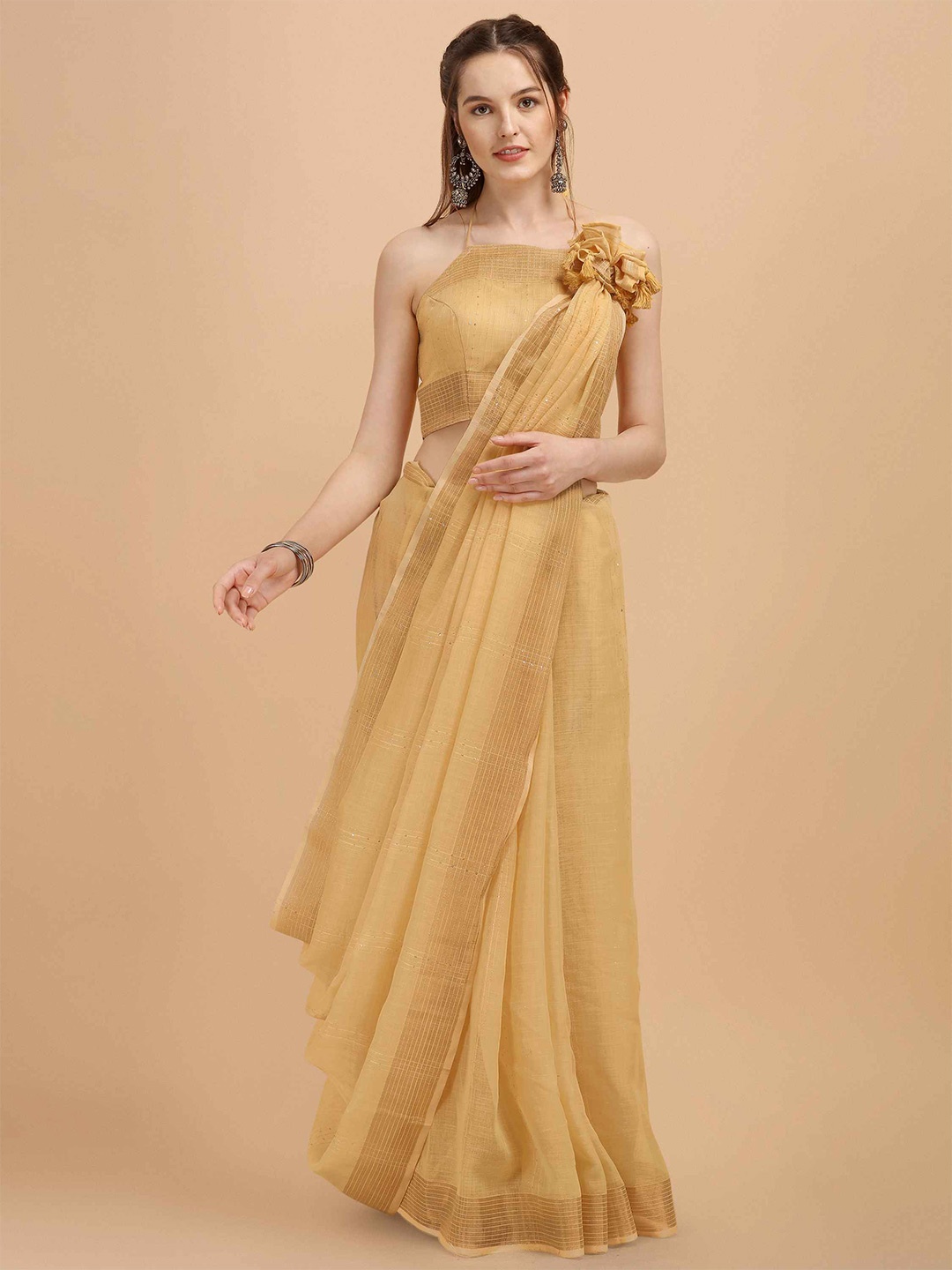 

elora Striped Sequinned Bhagalpuri Saree, Yellow
