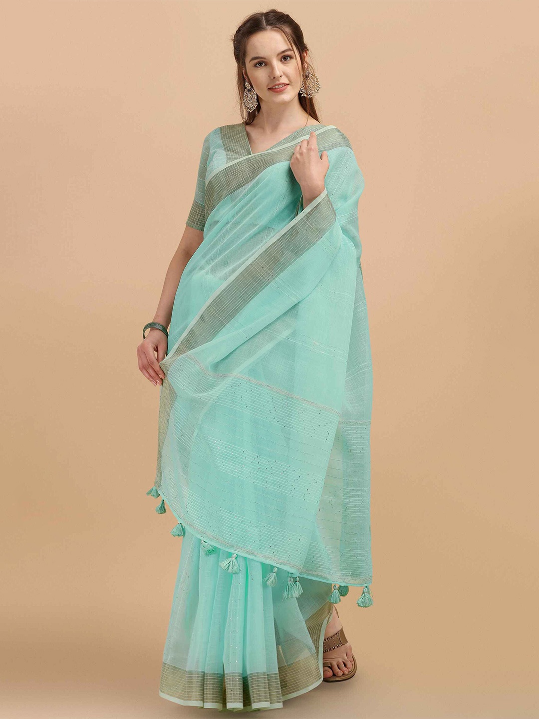 

elora Striped Sequinned Bhagalpuri Saree, Turquoise blue