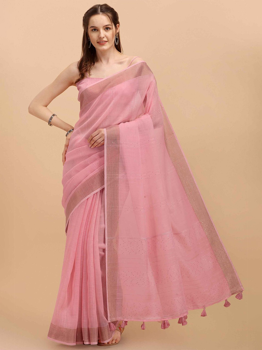 

elora Striped Sequinned Bhagalpuri Saree, Pink