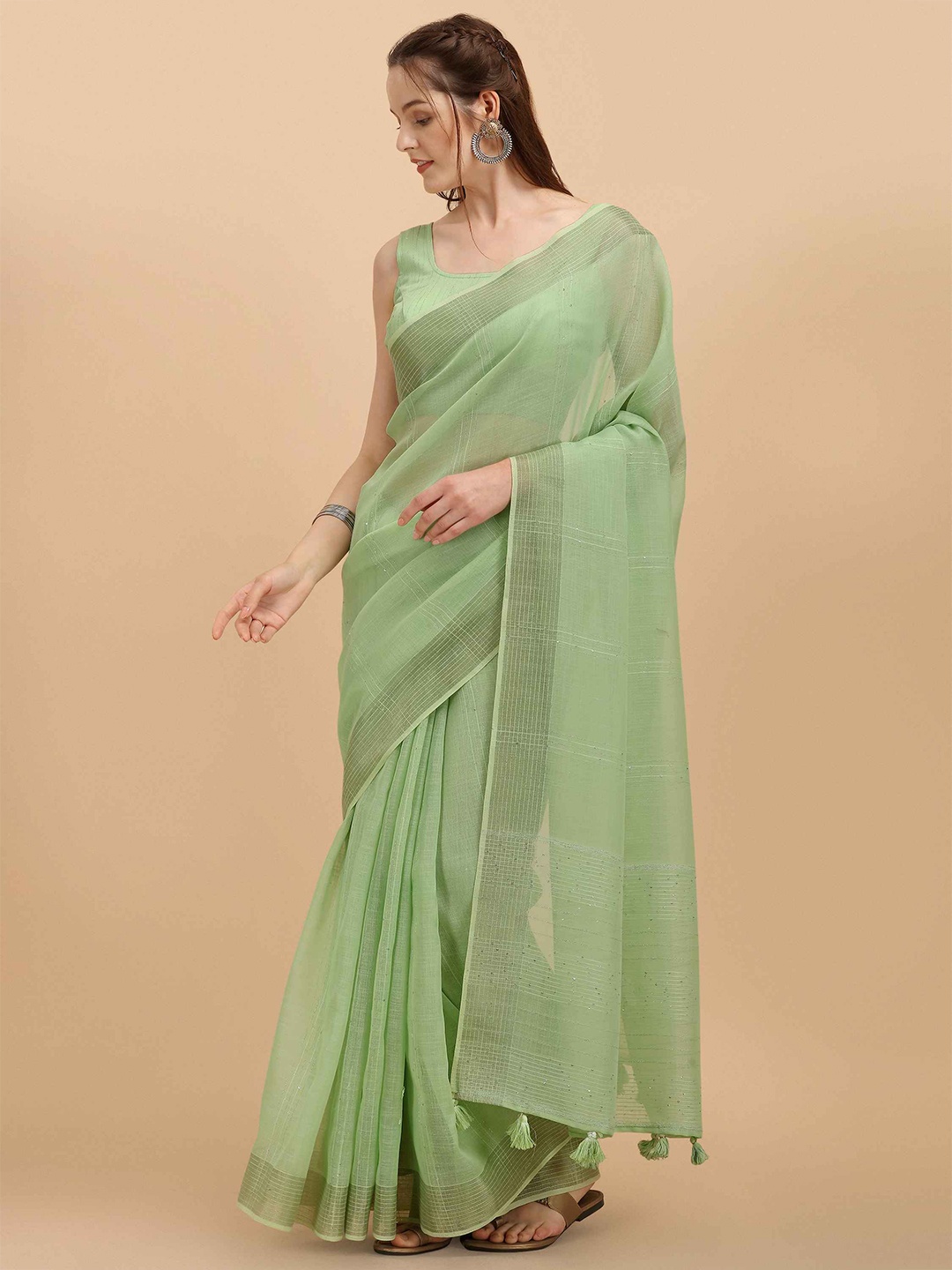 

elora Striped Sequinned Bhagalpuri Saree, Green