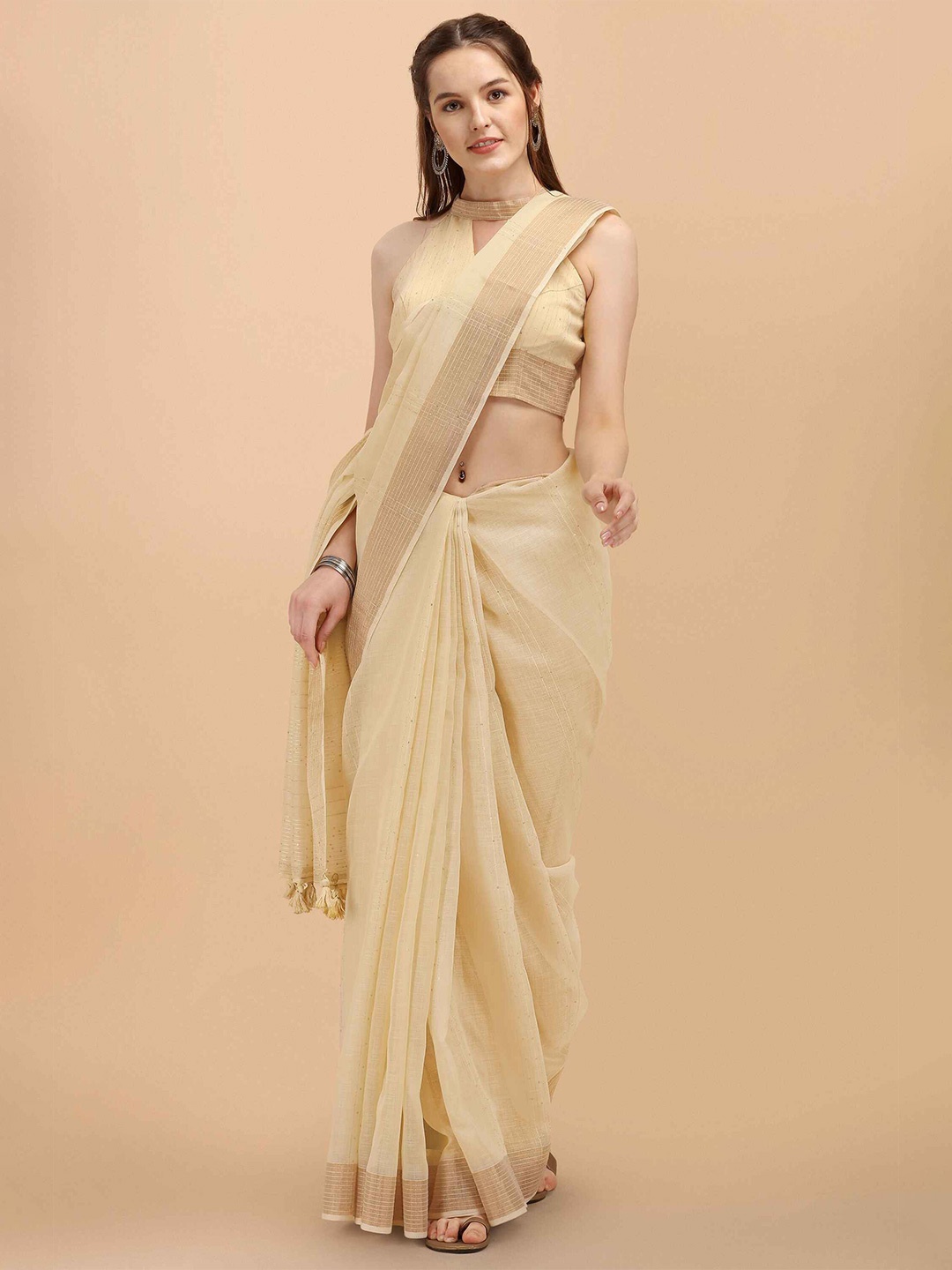 

elora Striped Sequinned Bhagalpuri Saree, Beige