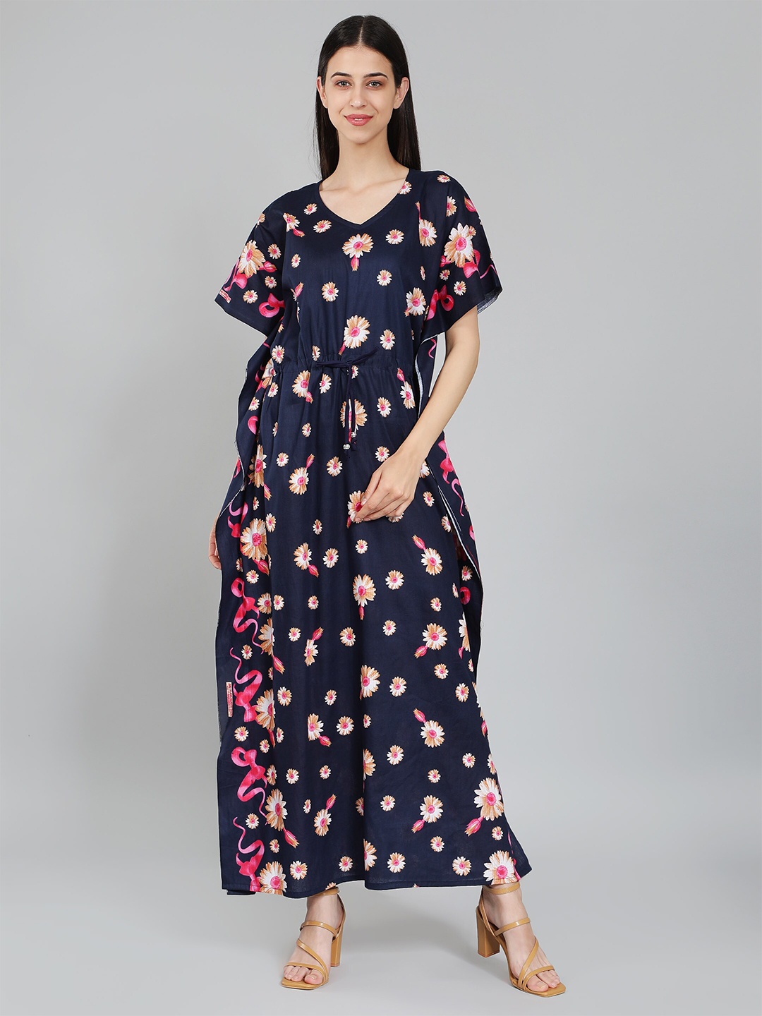 

HotGown Floral Printed Pure Cotton Maxi Nightdress, Navy blue