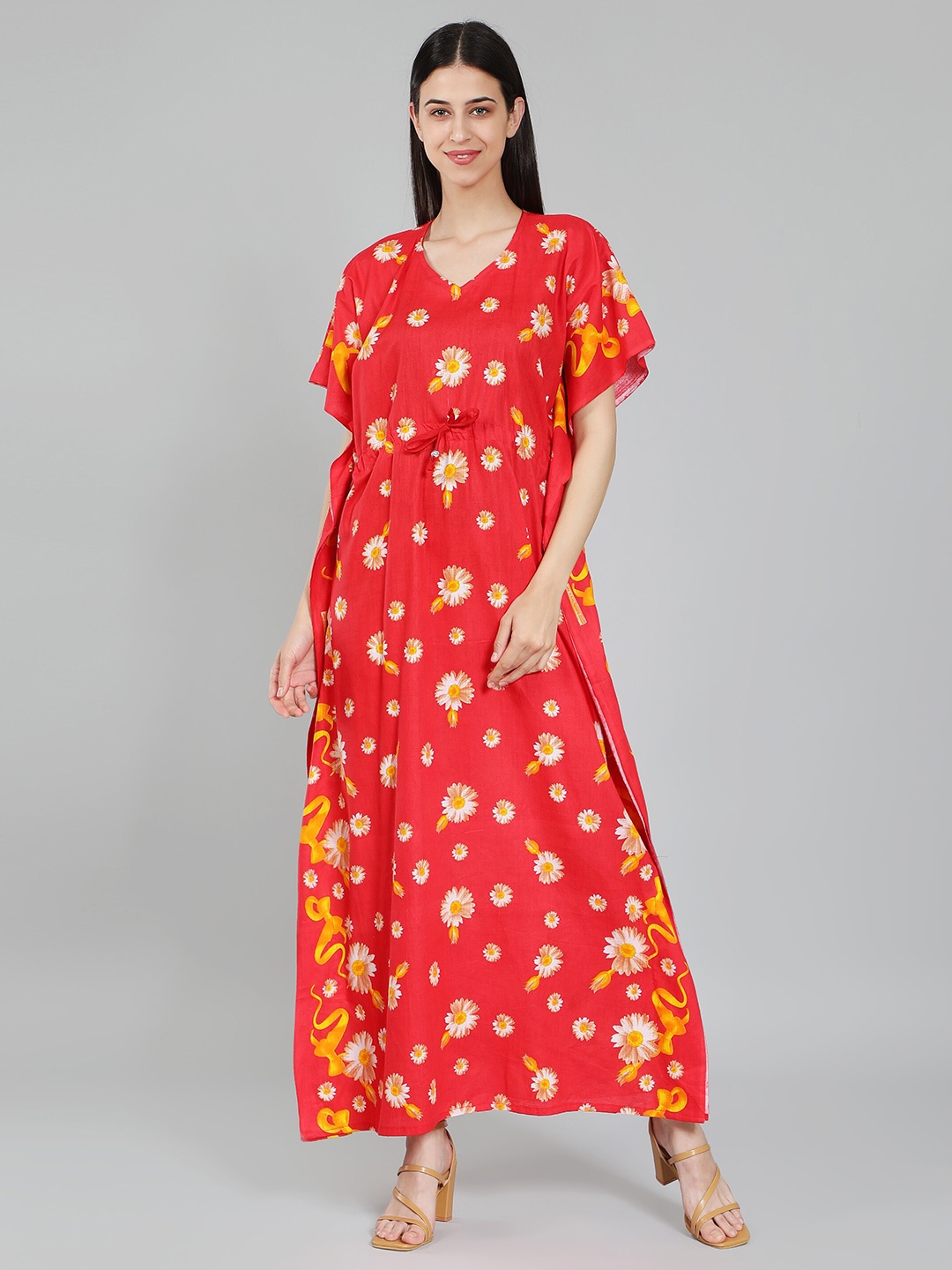 

HotGown Floral Printed Pure Cotton Kaftan Maxi Nightdress, Red