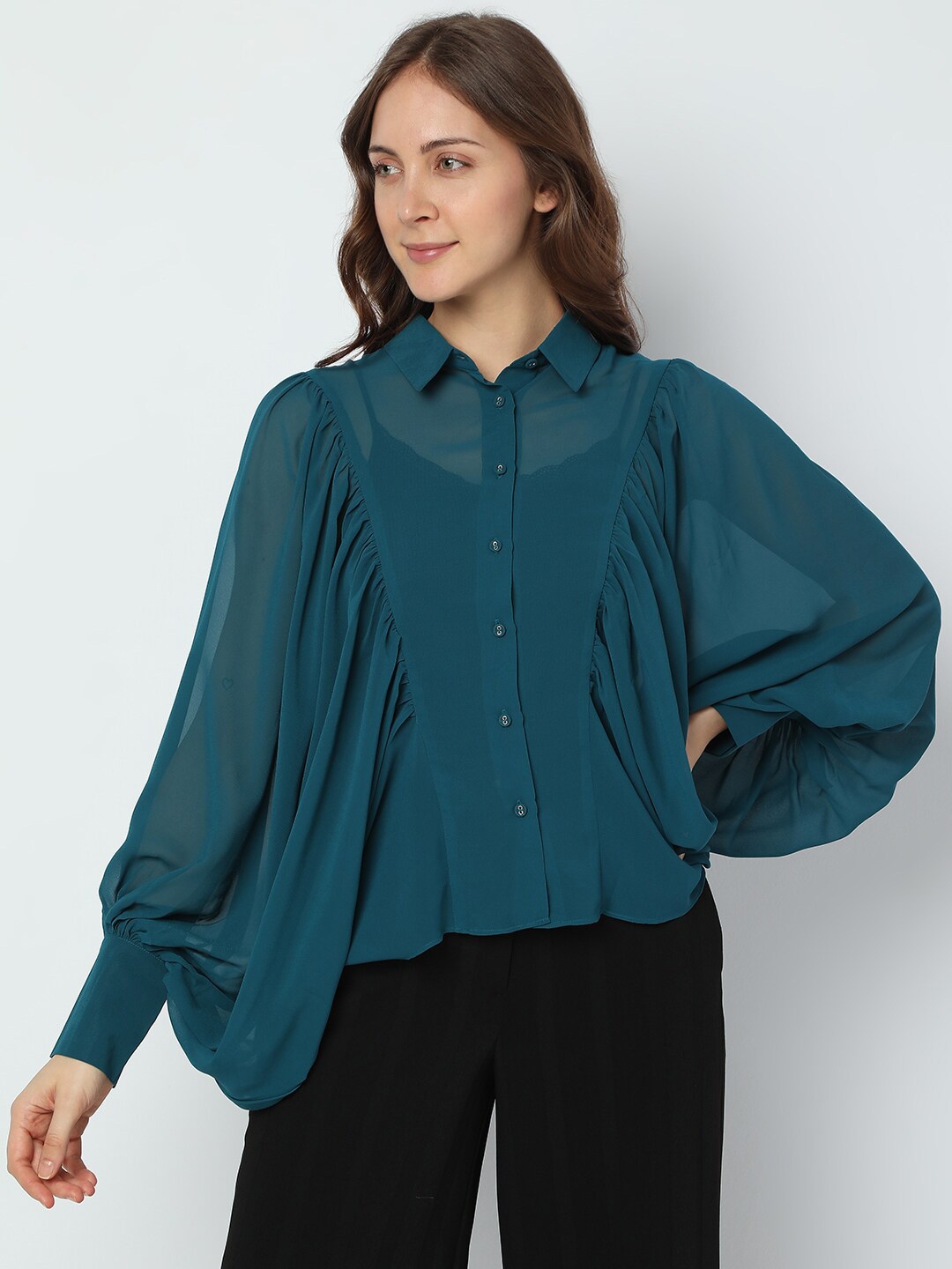 

Vero Moda Cuffed Sleeves Pleated Casual Shirt Style Top, Teal