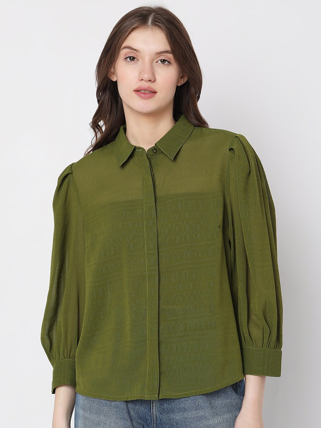 

Vero Moda Self Design Long Puff Sleeves Casual Shirt, Green