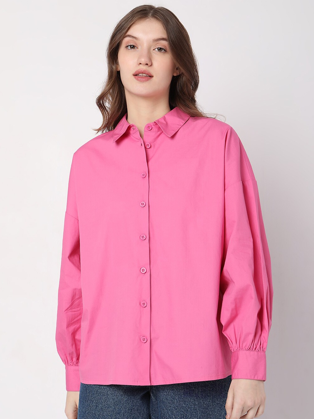 

Vero Moda Puff Sleeves Cotton Casual Shirt Style Top, Pink