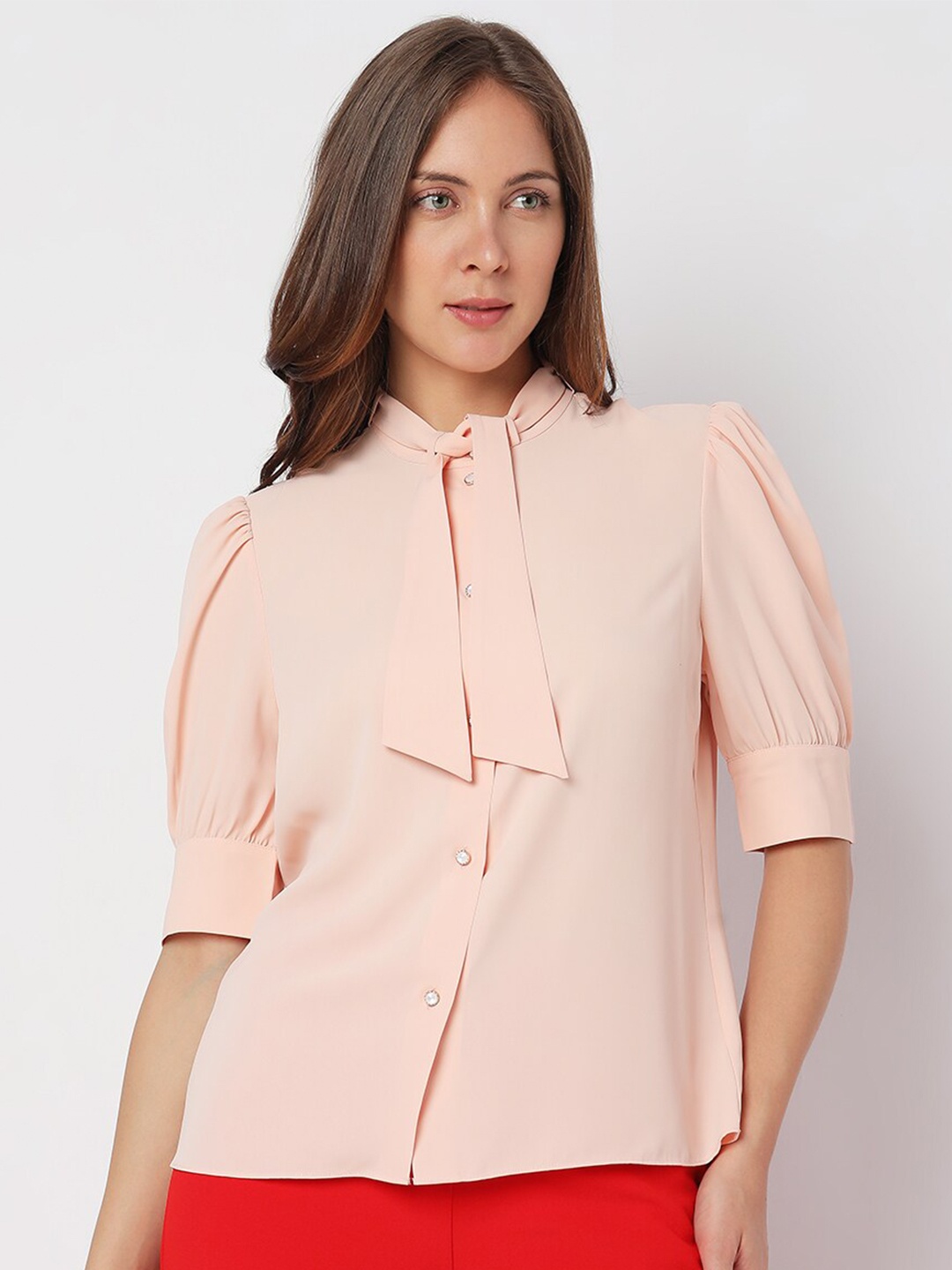 

Vero Moda Tie Up Neck Puff Sleeves Shirt Style Top, Peach