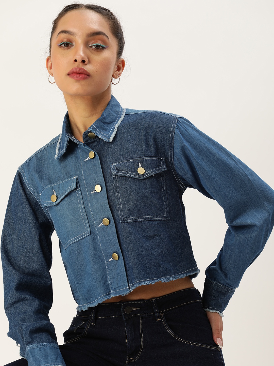 

Kook N Keech Women Comfort Opaque Cotton Colourblocked Casual Shirt, Navy blue