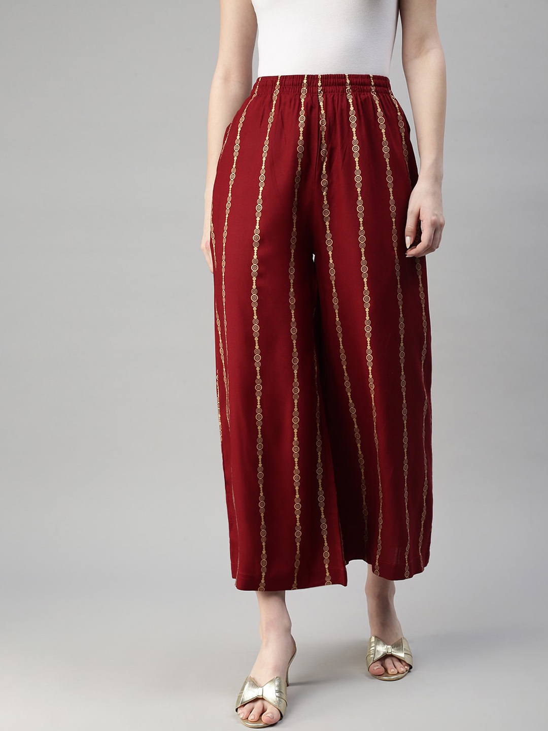 

Kryptic Women Flared Cropped Slip-On Parallel Trousers, Maroon
