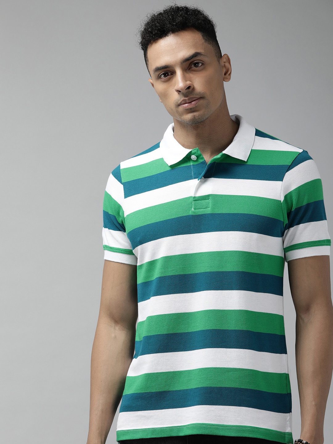 

Roadster Men Striped Polo Collar T-shirt, Green