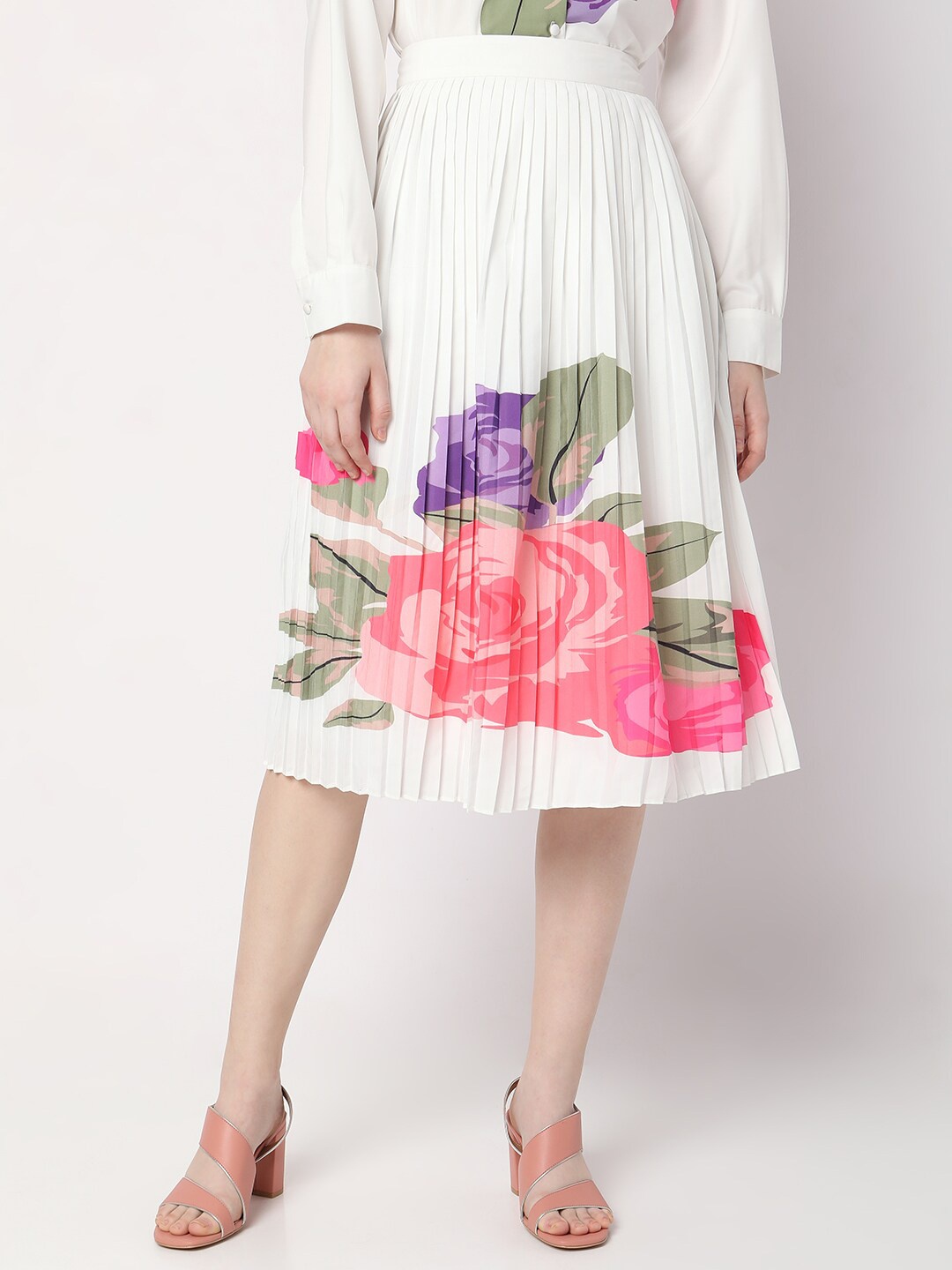 

Vero Moda Floral Printed Accordion Pleated Flared Skirt, White
