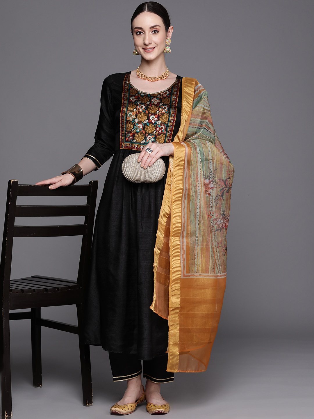

Indo Era Women Black Yoke Design Empire Kurta With Trousers & Dupatta