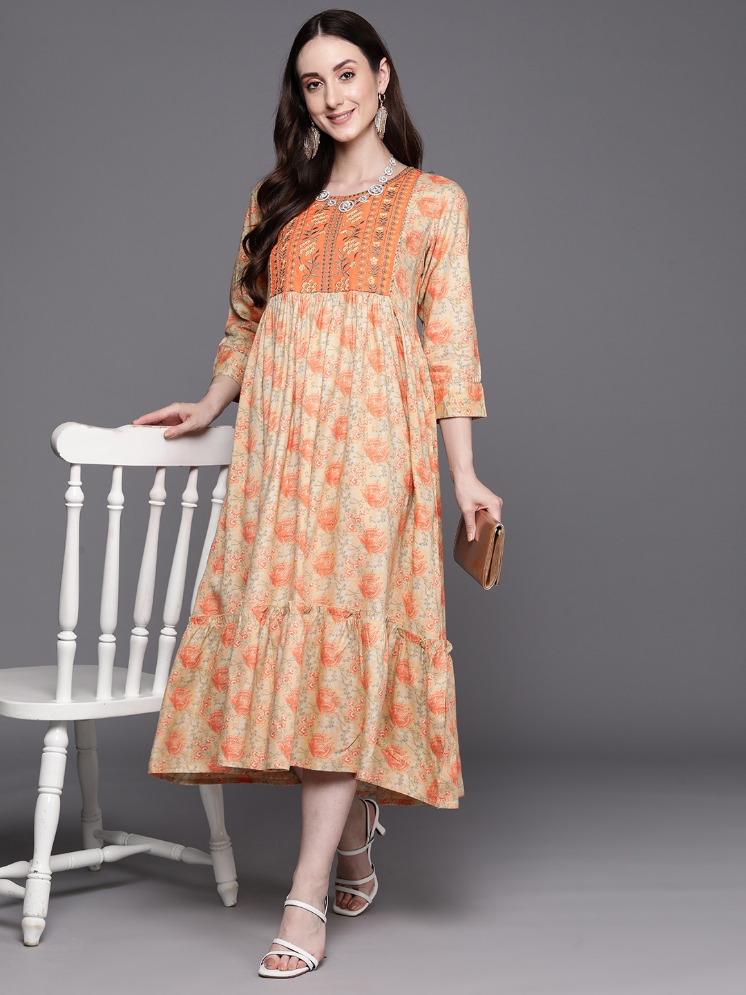 

Indo Era Floral Embroidered A-Line Midi Ethnic Dress, Orange