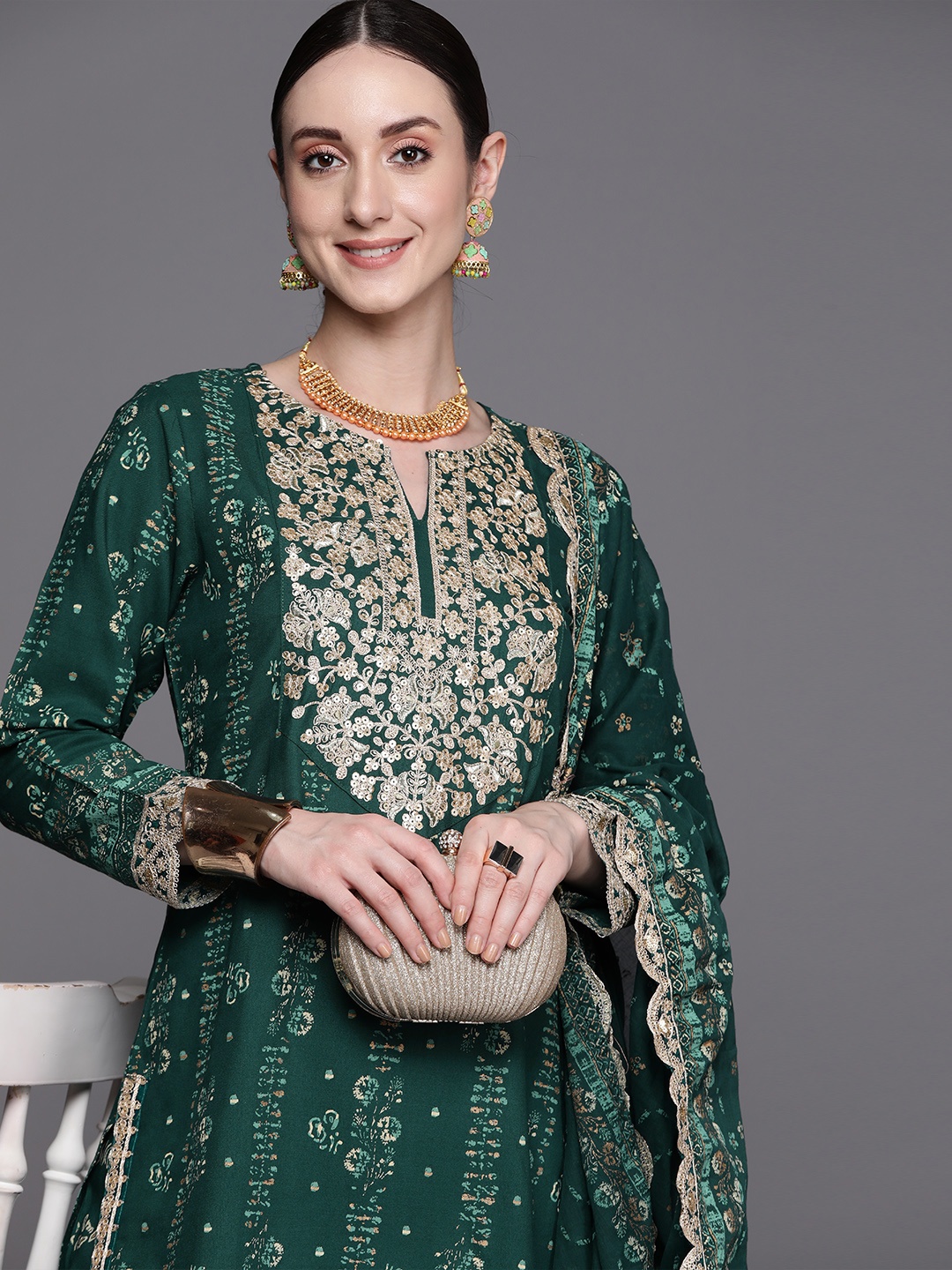 

Indo Era Floral Printed Regular Sequinned Kurta With Sharara & Dupatta, Green