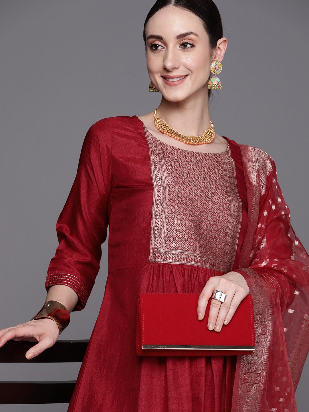 

Indo Era Yoke Design Empire Kurta With Trousers & Dupatta, Maroon