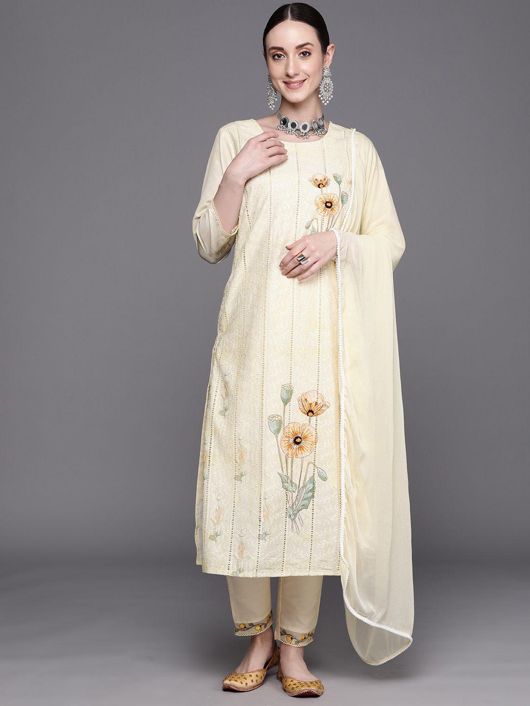 

Indo Era Floral Embroidered Regular Thread Work Pure Cotton Kurta With Trousers & Dupatta, Yellow