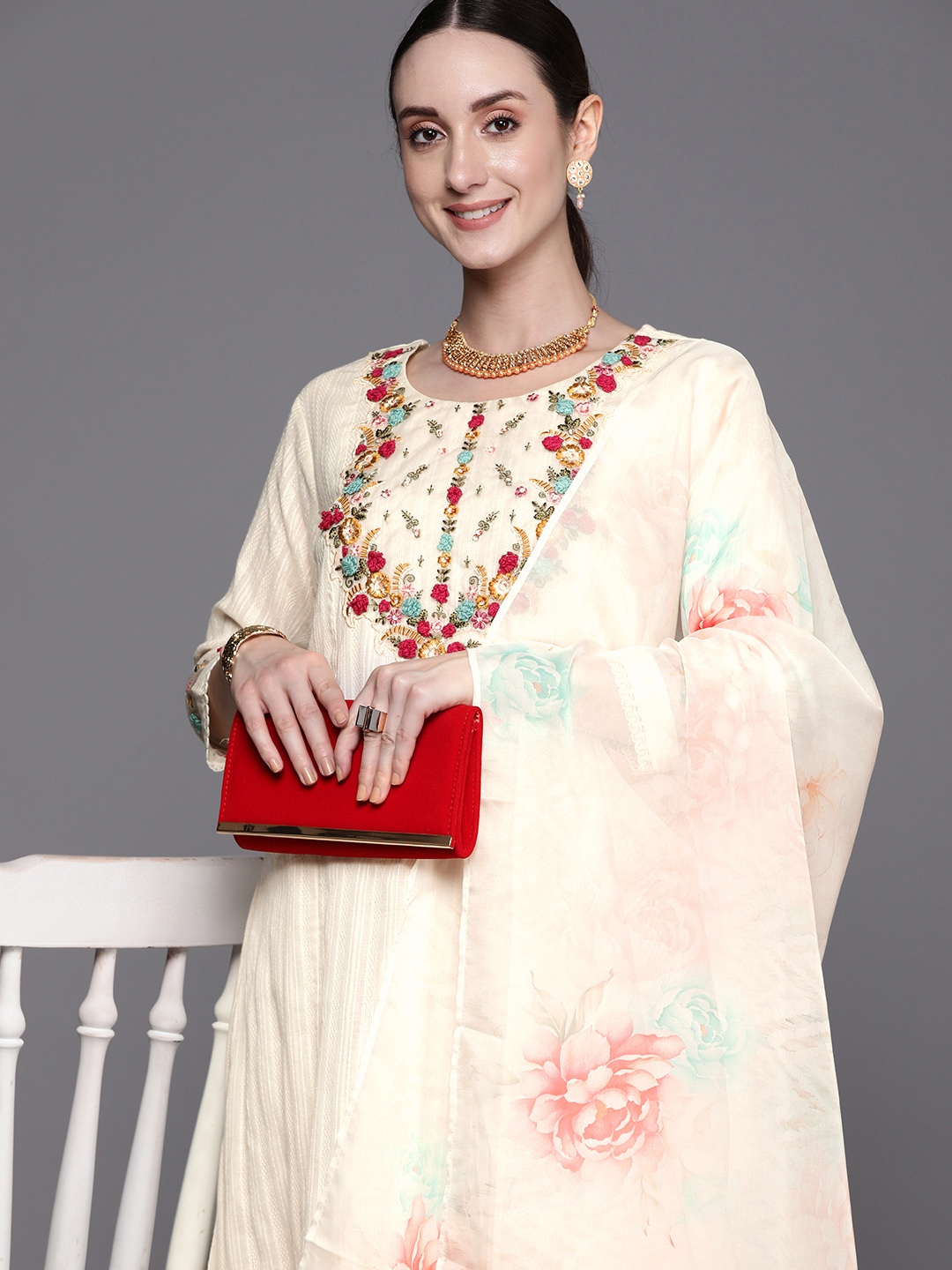 

Indo Era Women Floral Embroidered Regular Thread Work Kurta With Trousers & Dupatta, White